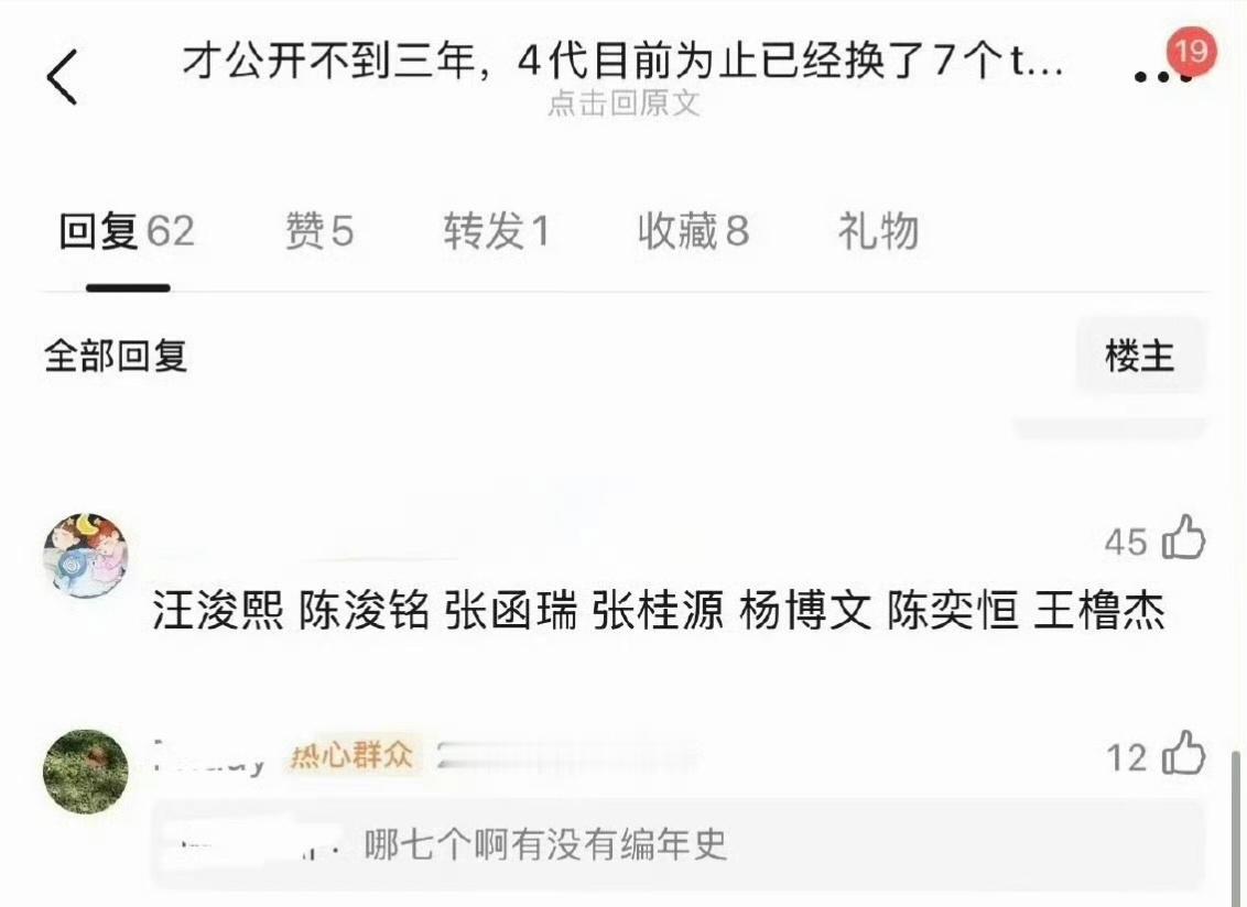 公开不到三年，四代已经换了7个TOP，分别是：汪峻熙 陈浚铭 张函瑞 张桂源 杨