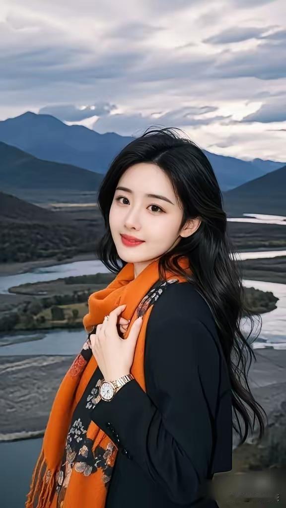 风景如画，她笑容甜美。
