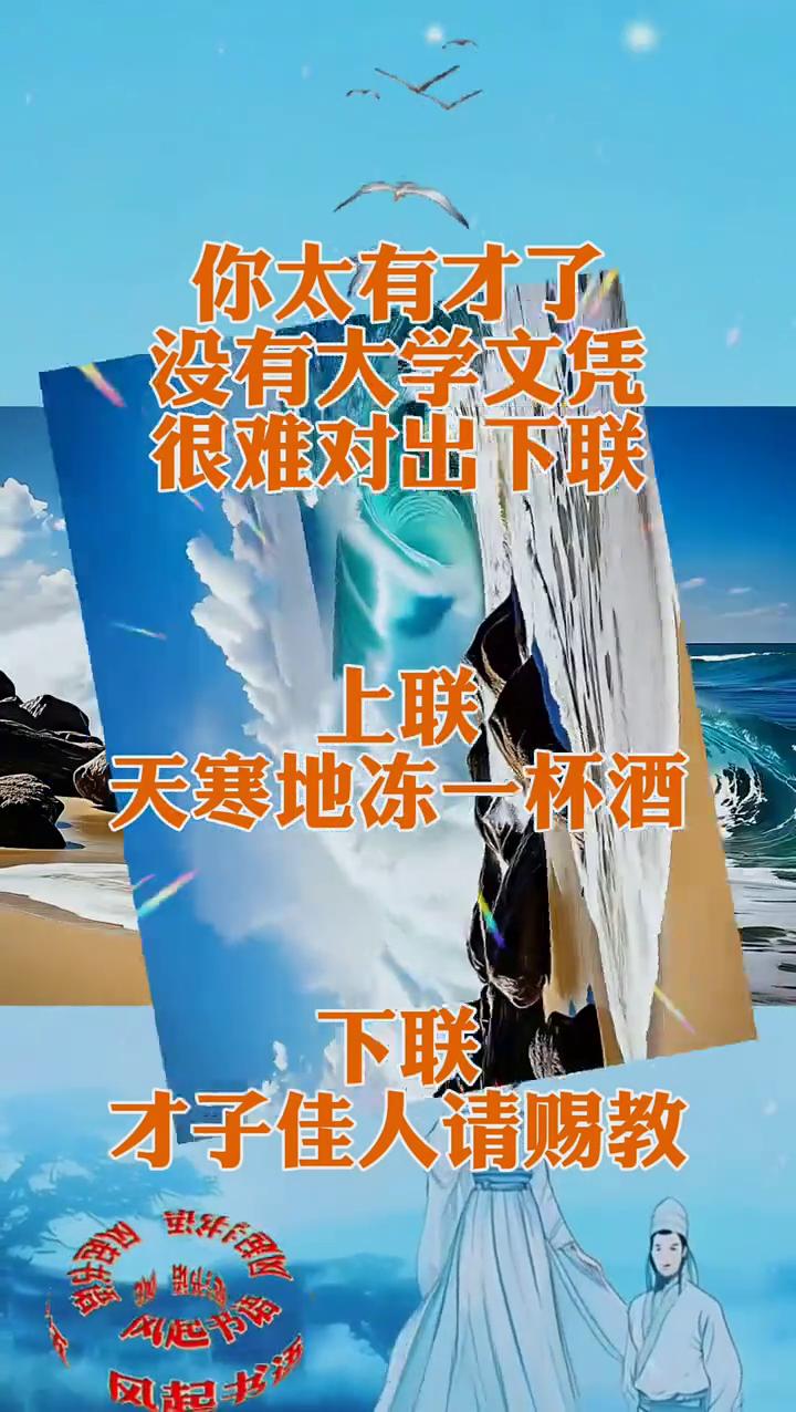 你太有才了，没有大学文凭很难对出下联。
上联：天寒地冻一杯酒。下联：才子佳人请赐