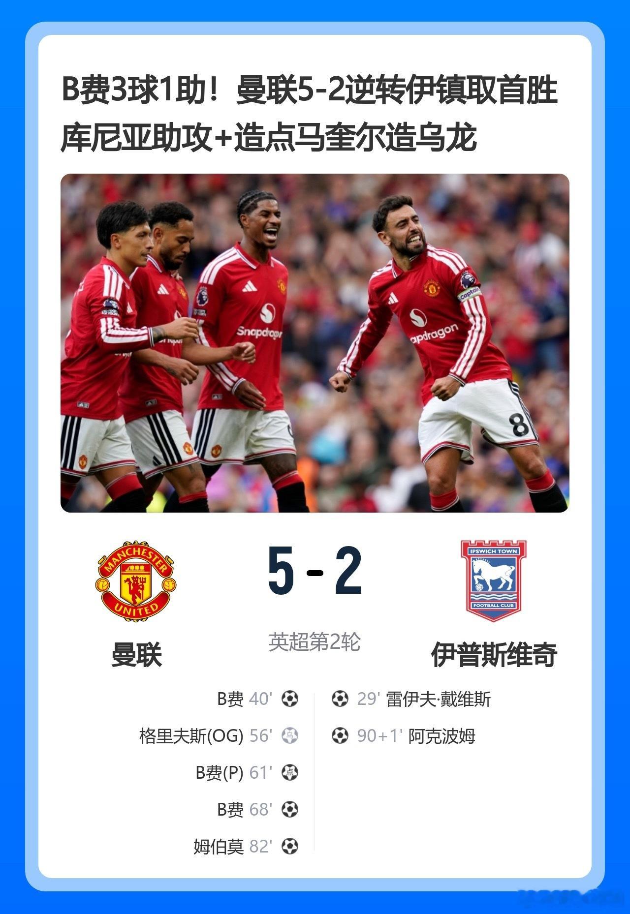 B费3球1助！曼联5-2逆转伊镇取首胜库尼亚助攻＋造点马奎尔造乌龙曼联5比2伊普