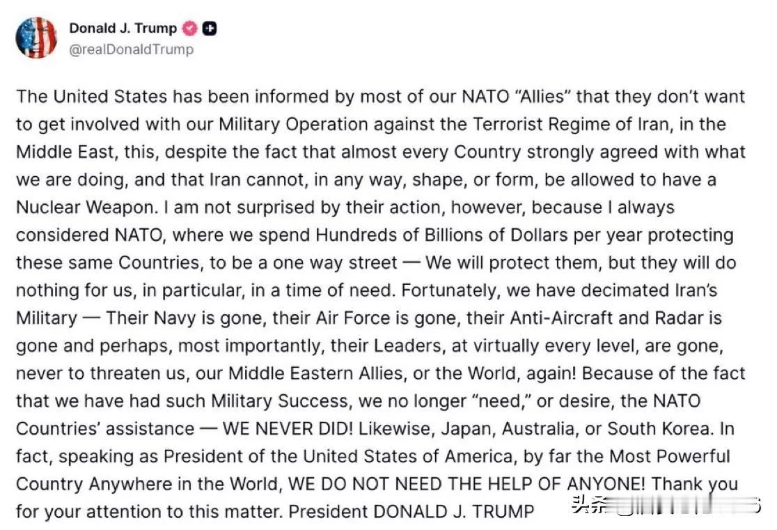 美国总统唐纳德·J·特朗普表示，美国“不再需要或渴望”北约国家以及其他盟友和伙伴