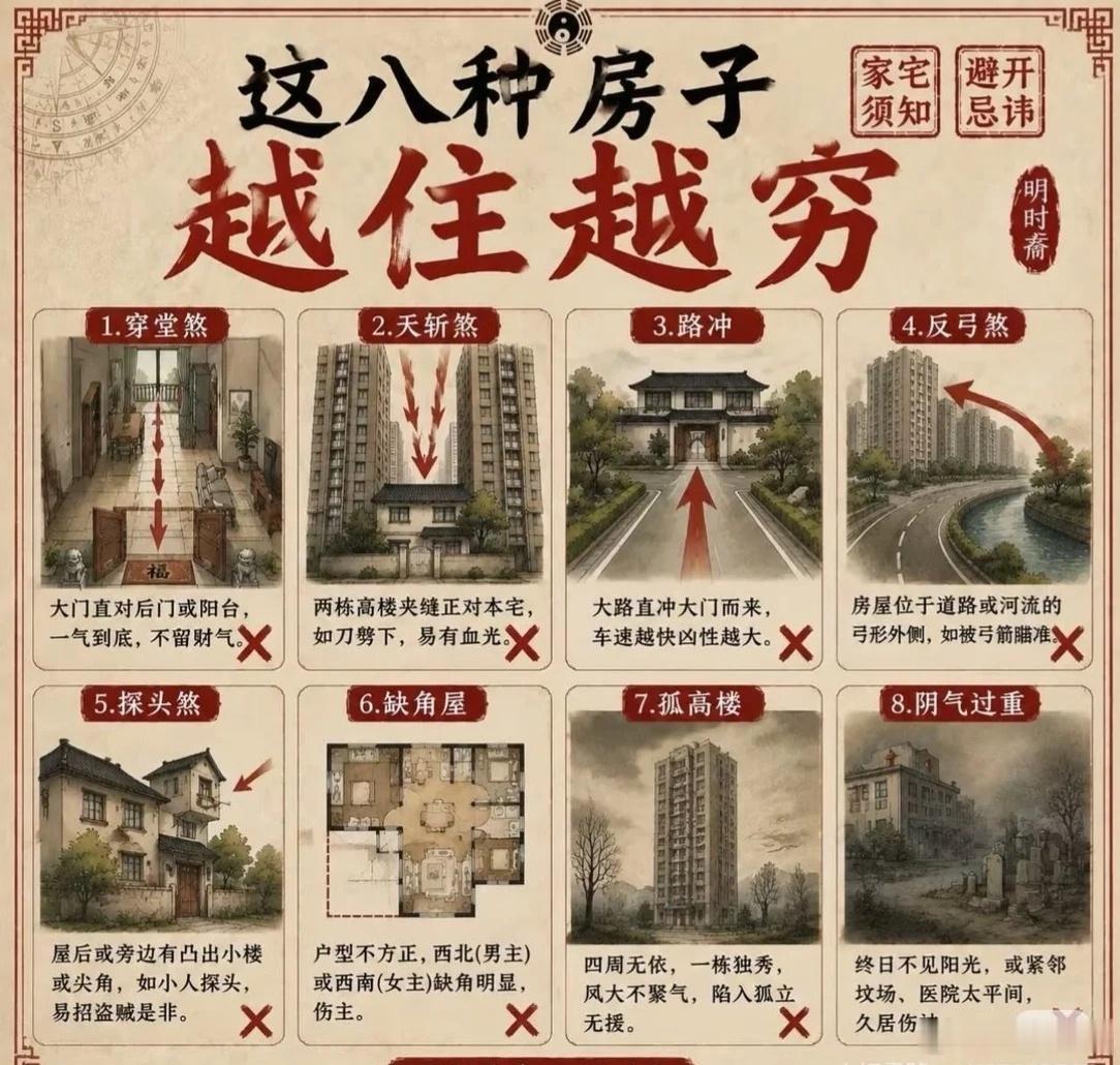 这8种格局，是传统住宅文化里比较忌讳的类型：1️⃣ 穿堂煞 —— 气流直穿，不聚