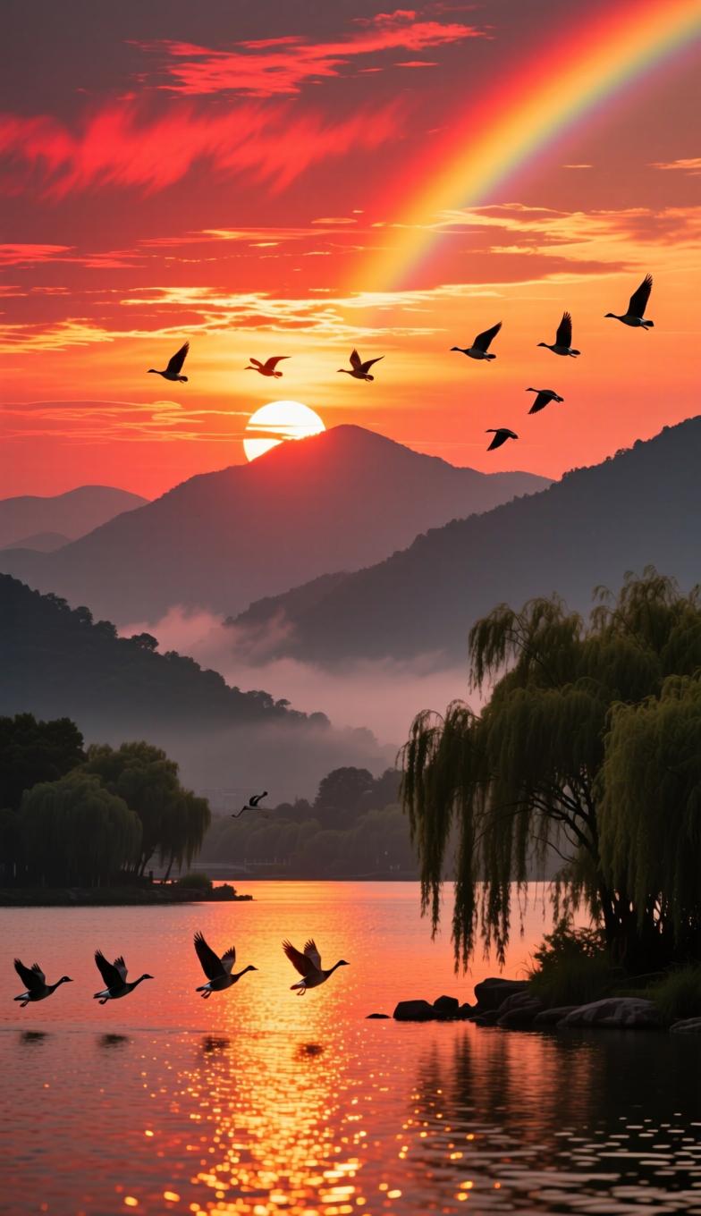 七律·夕阳晚霞（平水韵）
 
落日熔金覆远穹，漫天霞绮织丹红。
千峰浸暖浮烟软，