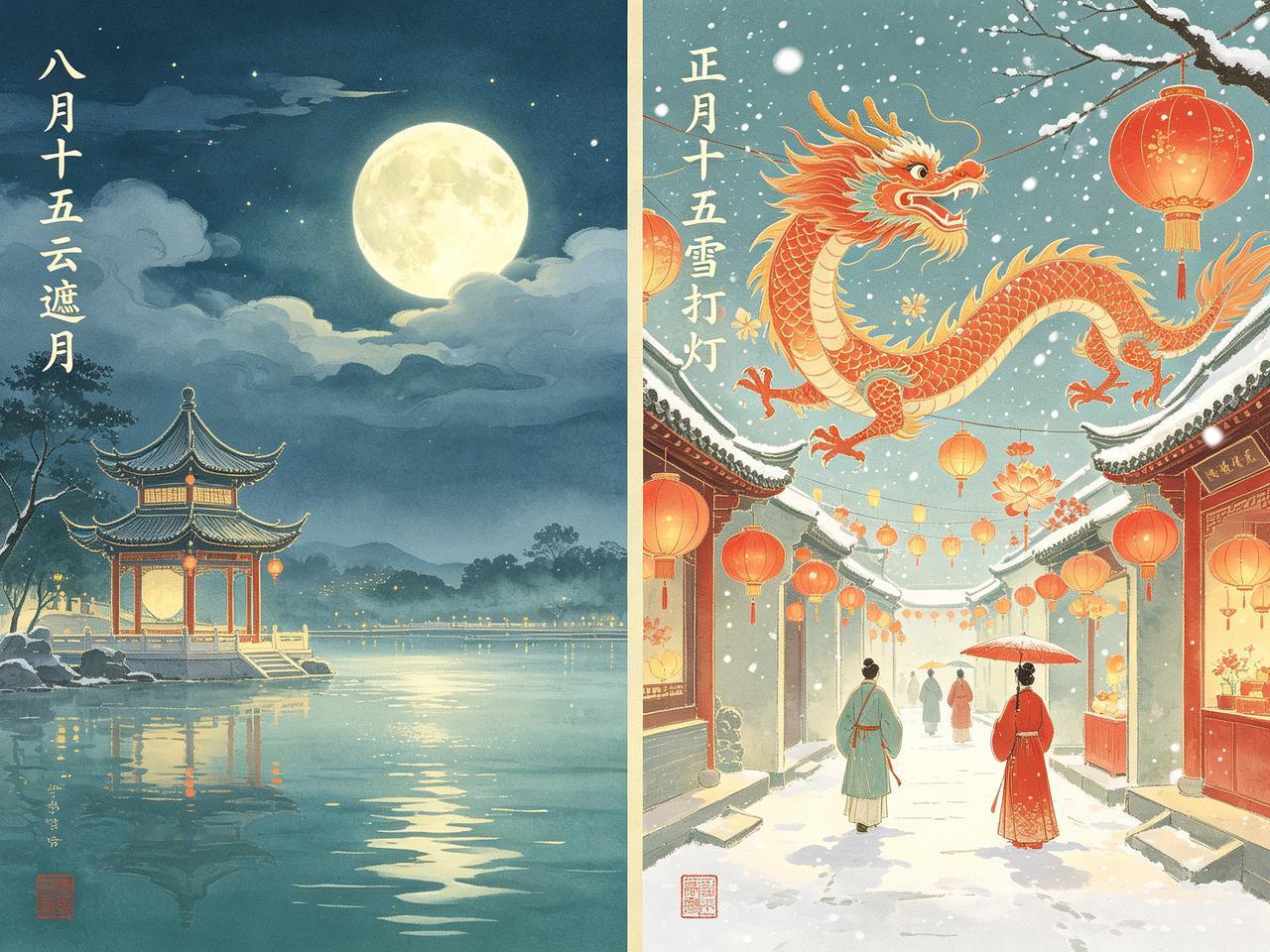 老祖宗留下一句看天的口诀：八月十五云遮月，正月十五雪打灯。
意思是：中秋那晚要是