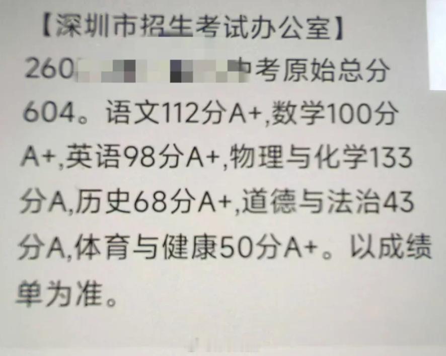 今天深圳中考出分，目前收到学生的最高分613分(总分630)，在南山麒麟中学，你