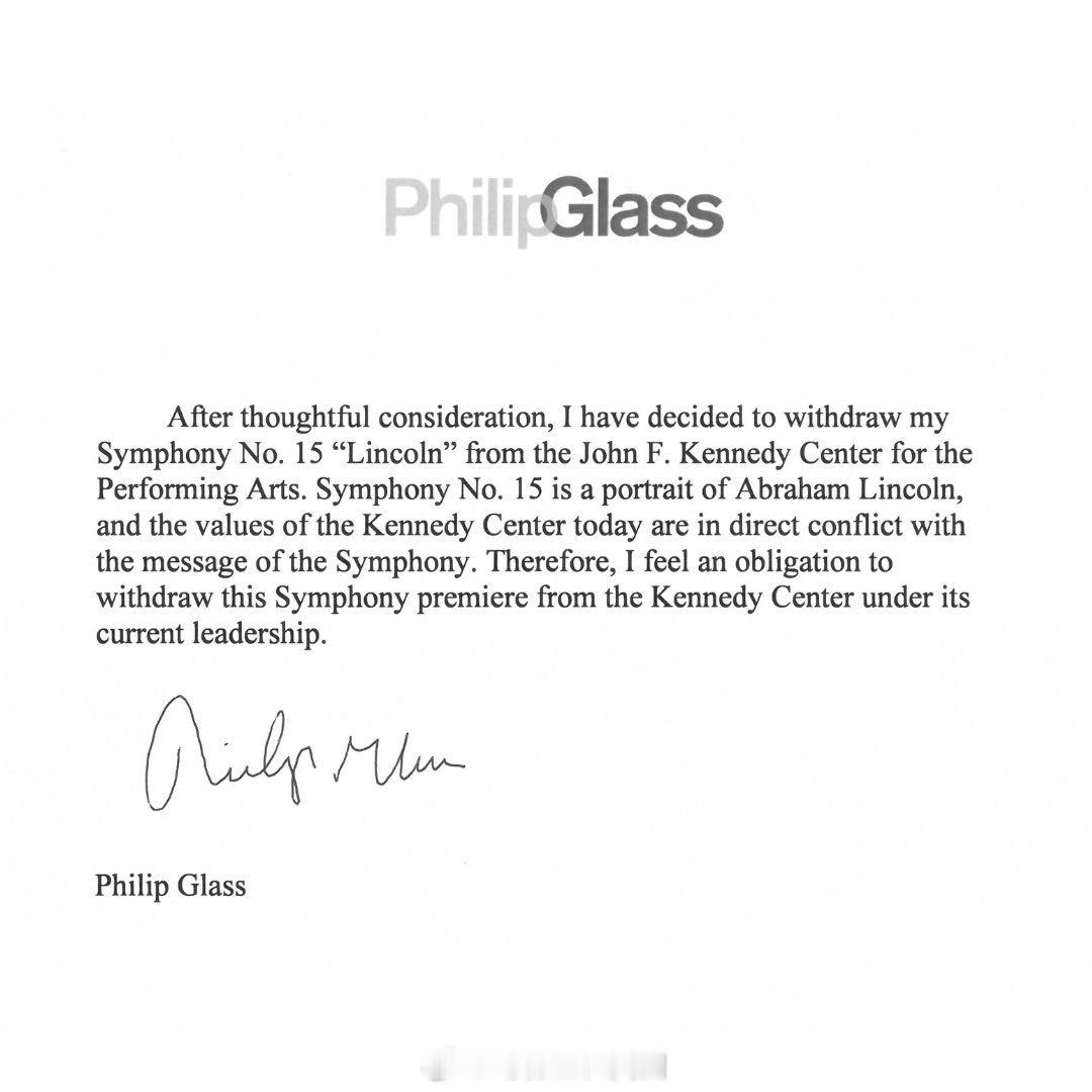 Philip Glass取消在肯尼迪艺术中心的演出：“经过深思熟虑，我决定将我的