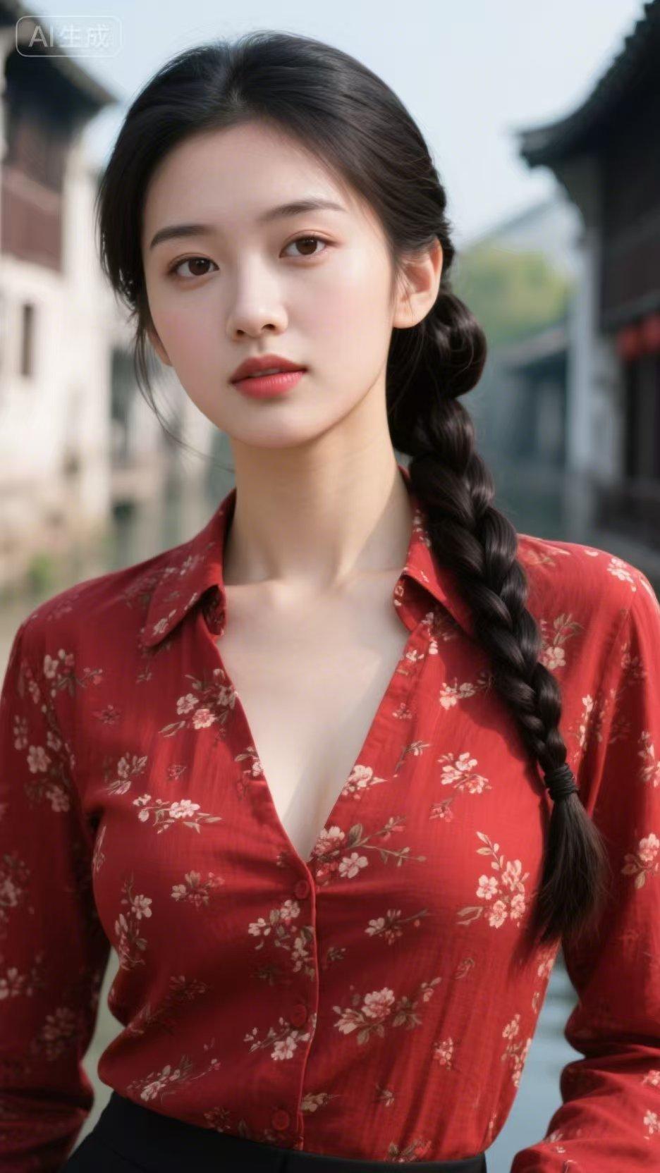 绝句 村花记忆
 
红衫花影映江南，
长辫垂肩韵自含。
满脸笑靥含古韵，
一眸清