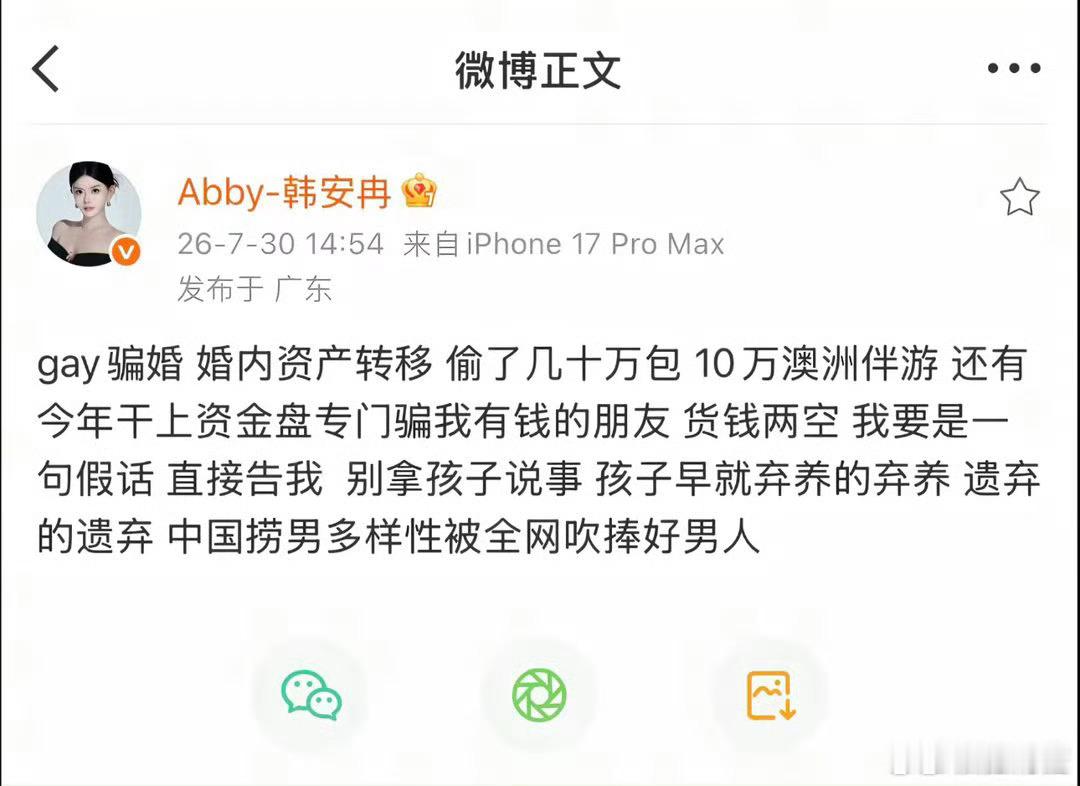 一开始就觉得那男的gaygay的……她怎么没看出来呢韩安冉曝宋浩然弃养优米