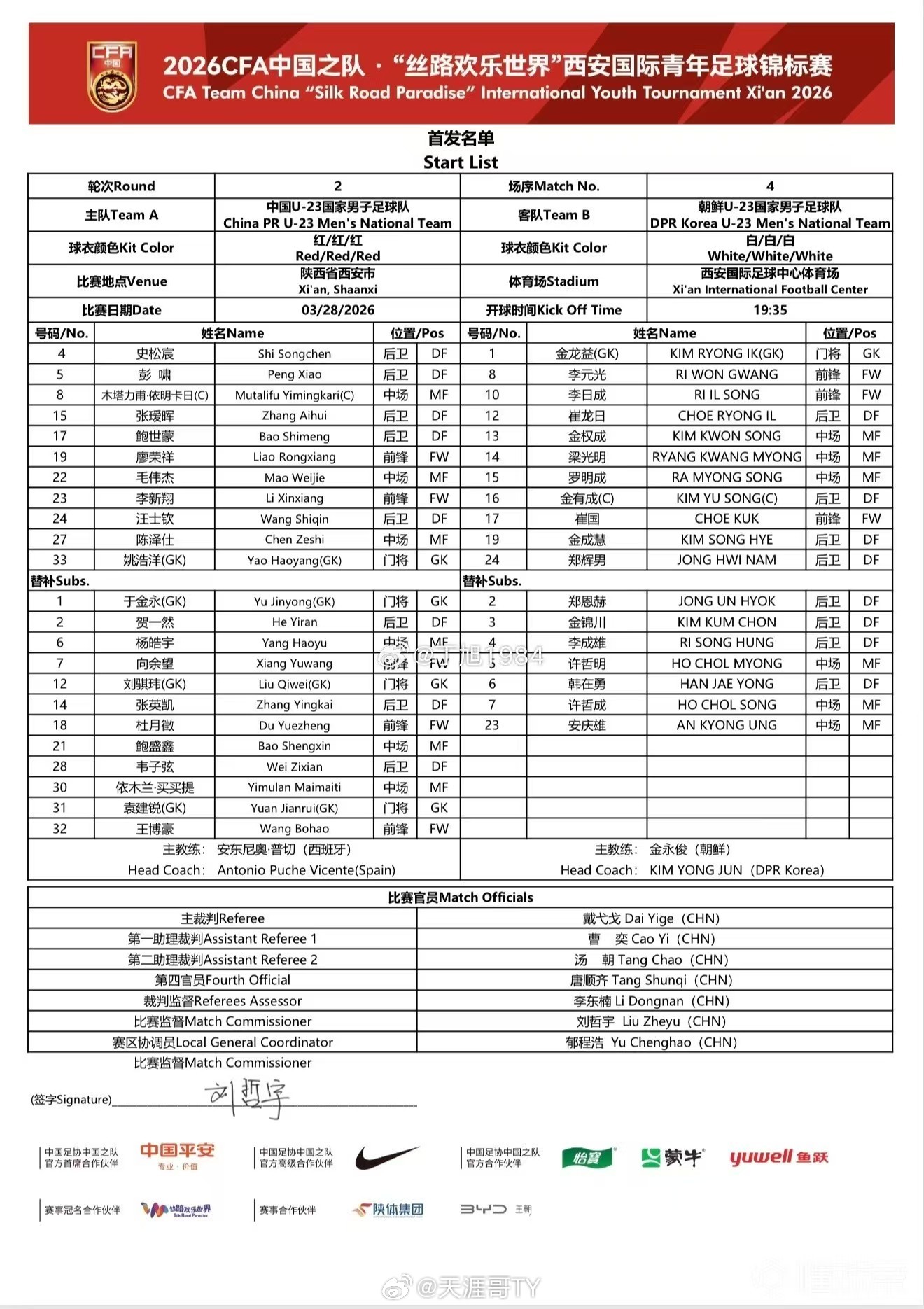 u23国足vs朝鲜u23首发中国U-23男足首发：33-姚浩洋、4-史松宸、5-