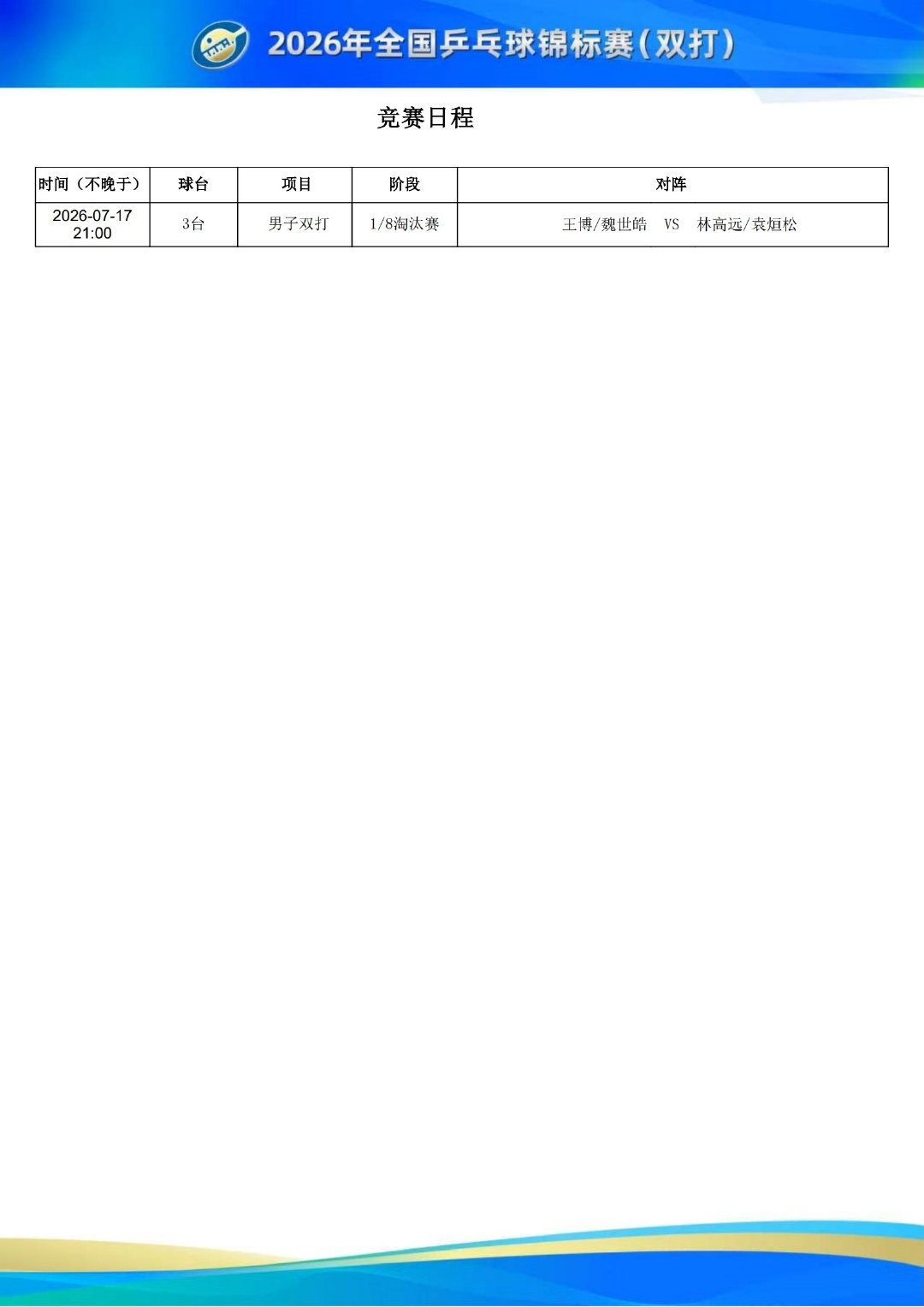 全国乒乓球锦标赛7月17日赛程 2026年全国乒乓球锦标赛（双打）7月17日赛程