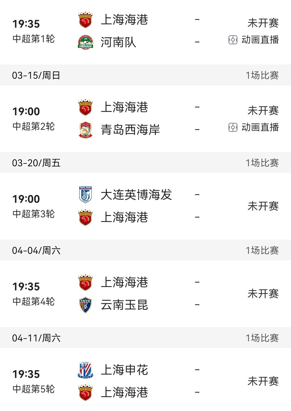 海港球迷有些担心！海港联赛前五轮太难了！河南，西海岸，英博，玉昆逗不好踢！第五轮