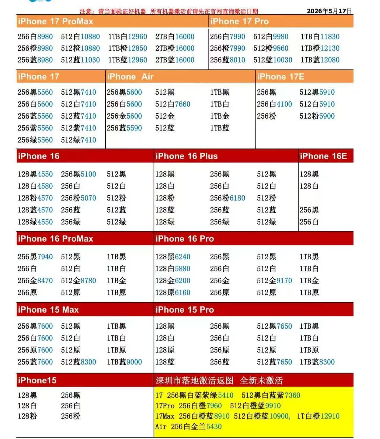 26年5月17日国行苹果手机系列价格更新，今天的17系列有涨有跌，Pro系列普遍