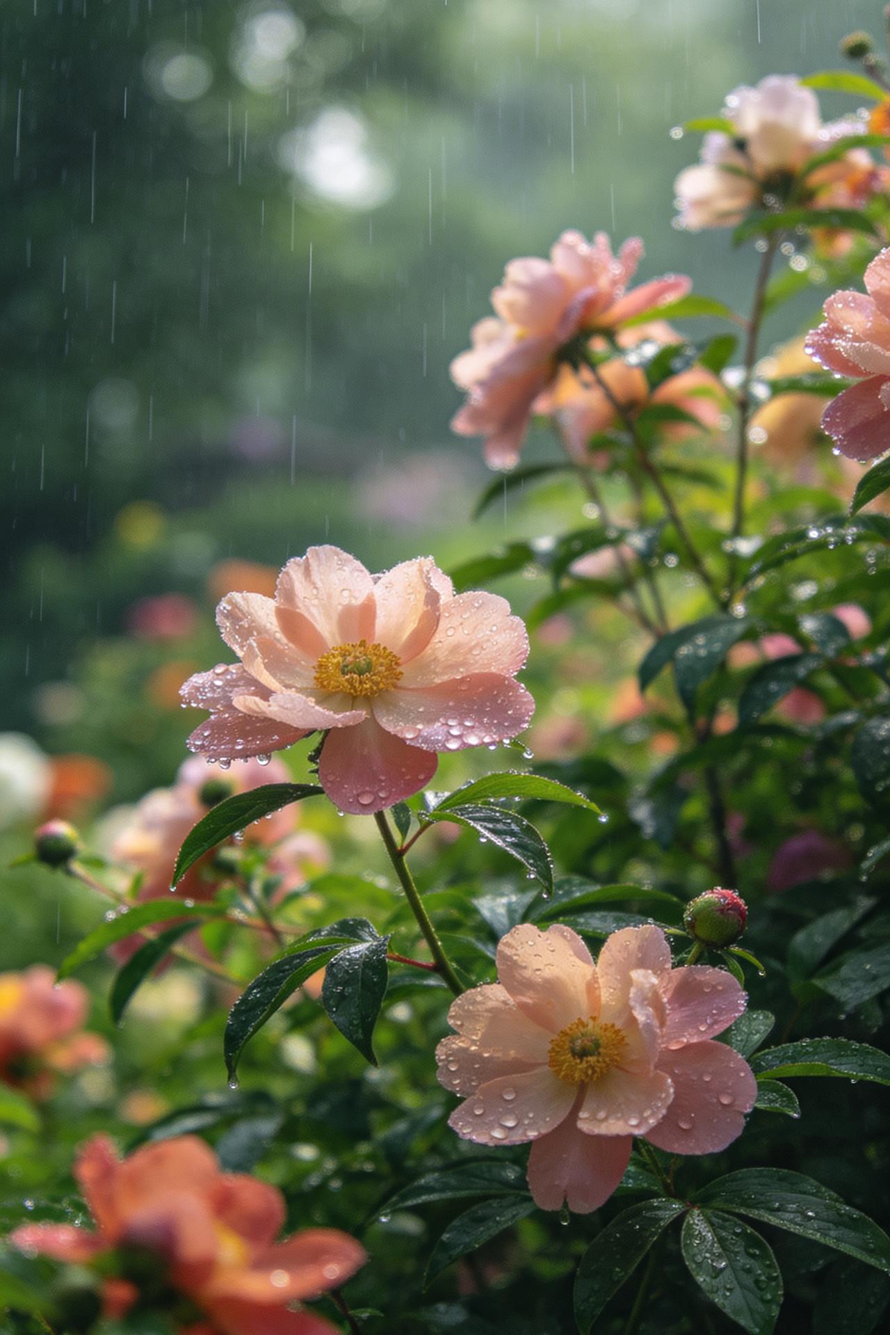 夏日生活打卡季夏日的雨落进花丛，洗去喧嚣浮躁。花朵静静承接风雨，不慌不忙舒展芬芳