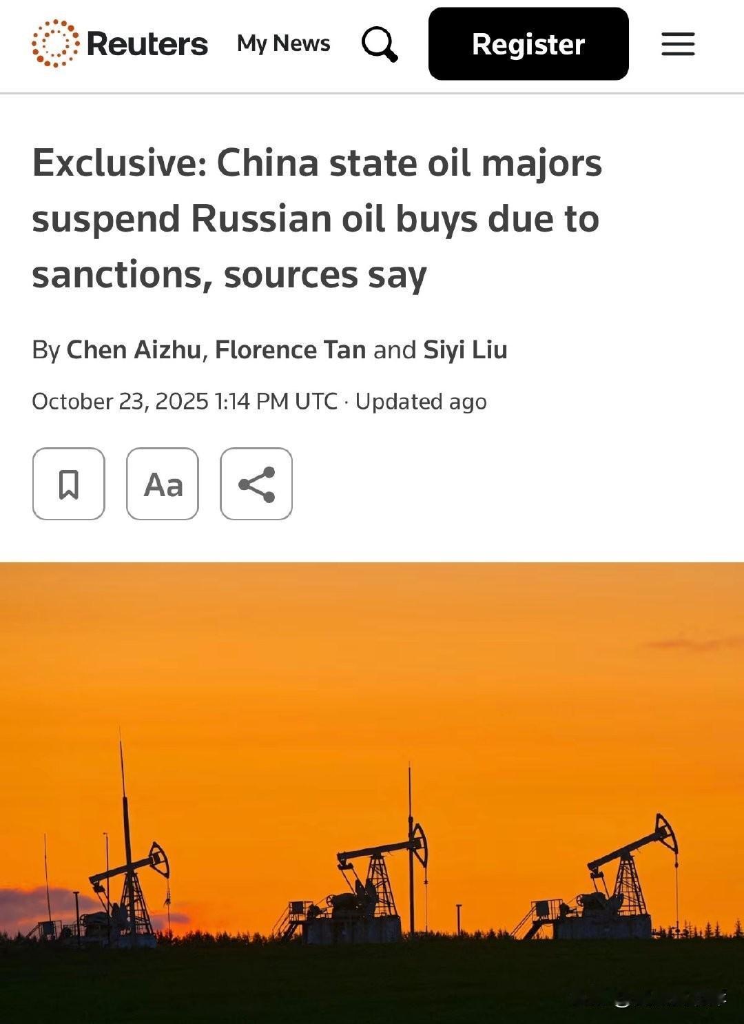 据路透，为避免被西方制裁，CN的国营企业已减少通过海上购买俄罗斯石油。