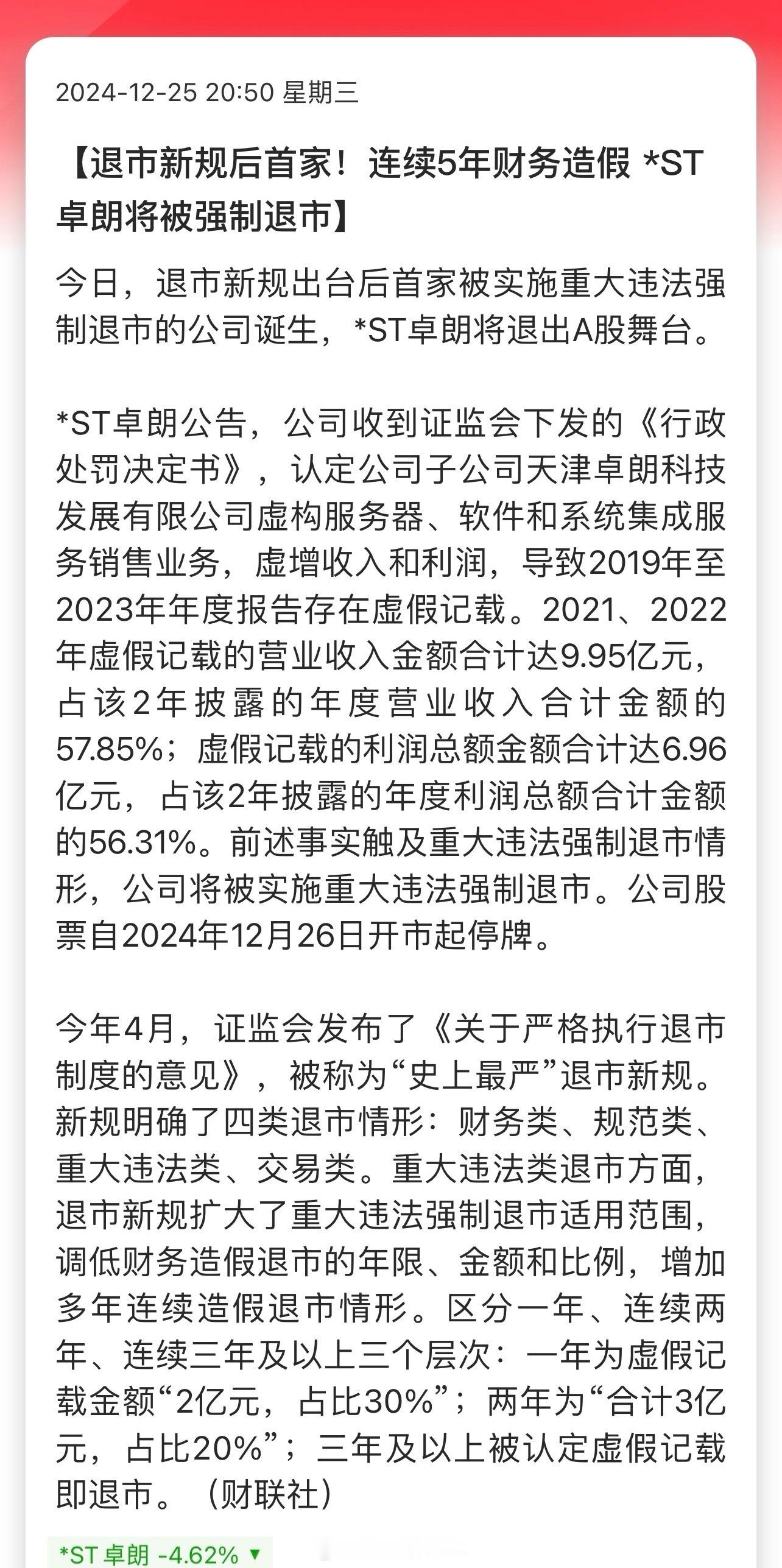 退市新规后首家！连续5年财务造假 *ST卓朗将被强制退市！刚查了下，这还是天津国