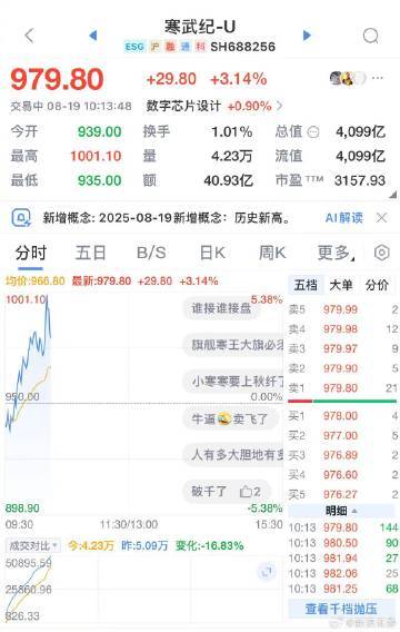 【寒武纪大涨超5% 股价突破1000元】寒武纪股价首破千元大关 寒武纪大涨超5%