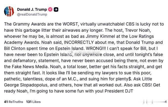 特朗普怒骂格莱美主持人特朗普对今年的格莱美奖很生气，大骂颁奖礼垃圾没法看。还抓住