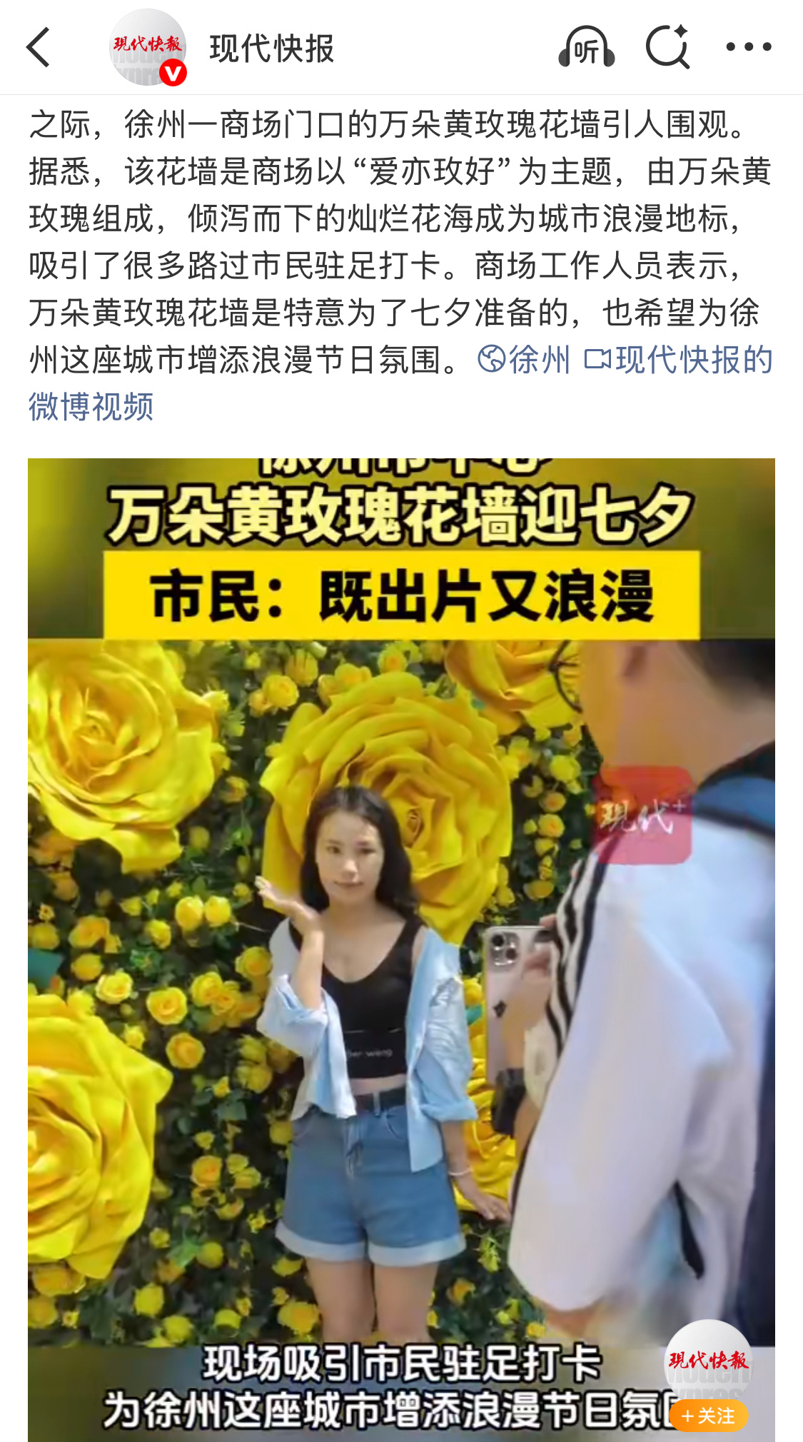 今年徐州七夕的黄玫瑰花墙好美啊，刷到网友抓拍，故事感拉满。 ​​​