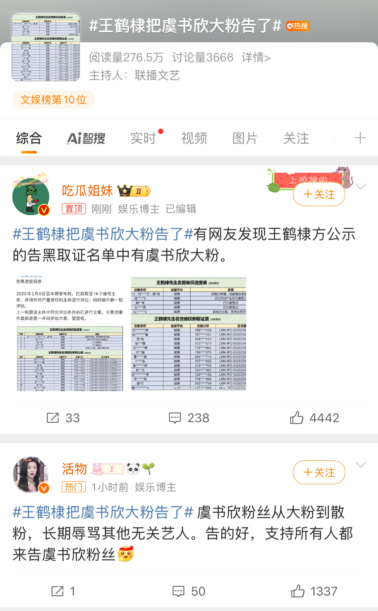 王鹤棣把虞书欣大粉告了虞书欣以前也告过王鹤棣大粉！ ​​​