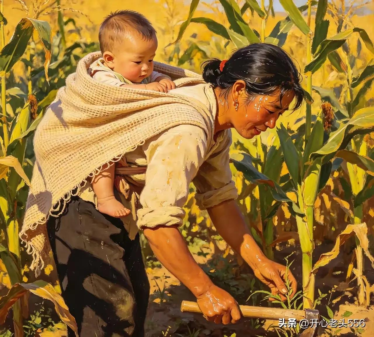 半生劳碌为人妇，
背负孩童耕沃土。
为母心坚甘受苦，
妈妈伟大最幸福。
