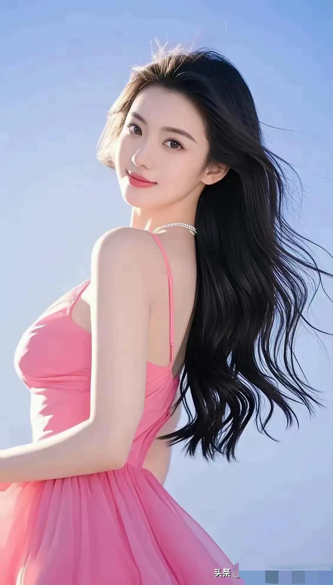 阳光下的粉裙少女，笑靥如花🌞👗