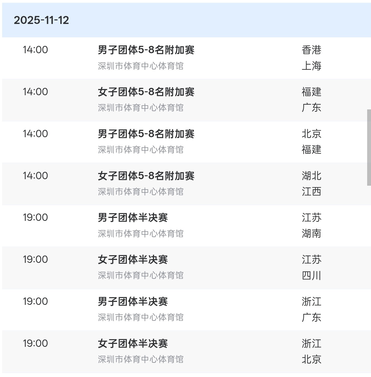 全运会羽毛球赛团体赛11月12日成年组半决赛及排位赛，下午14点开赛: 【1号场