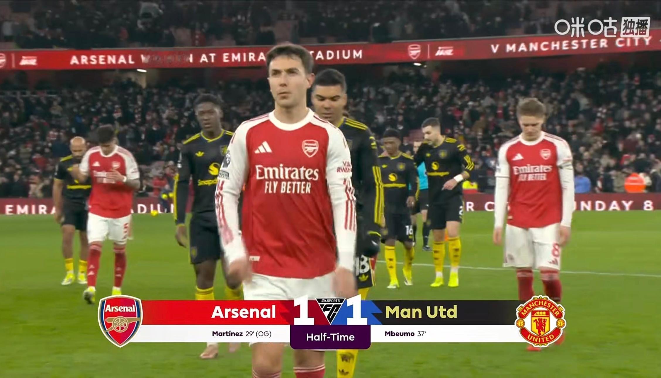 半场结束，阿森纳1-1曼联大伙聊吧，我个人对曼联这半场表现比较满意，毕竟对手是5