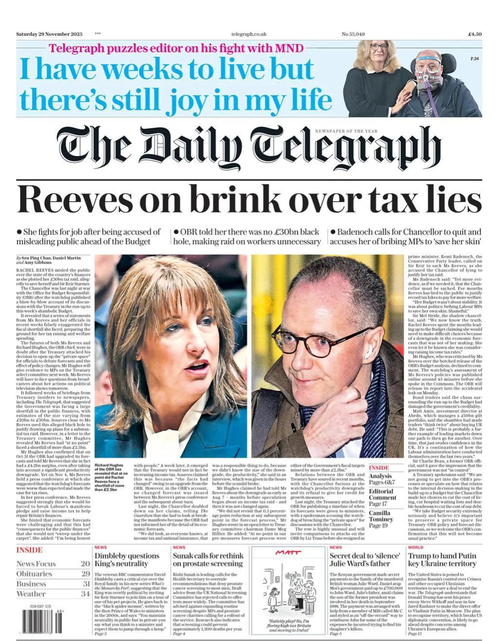 据《每日电讯报》报道，英国财政大臣瑞秋·里夫斯在准备她的预算时误导了公众关于国家