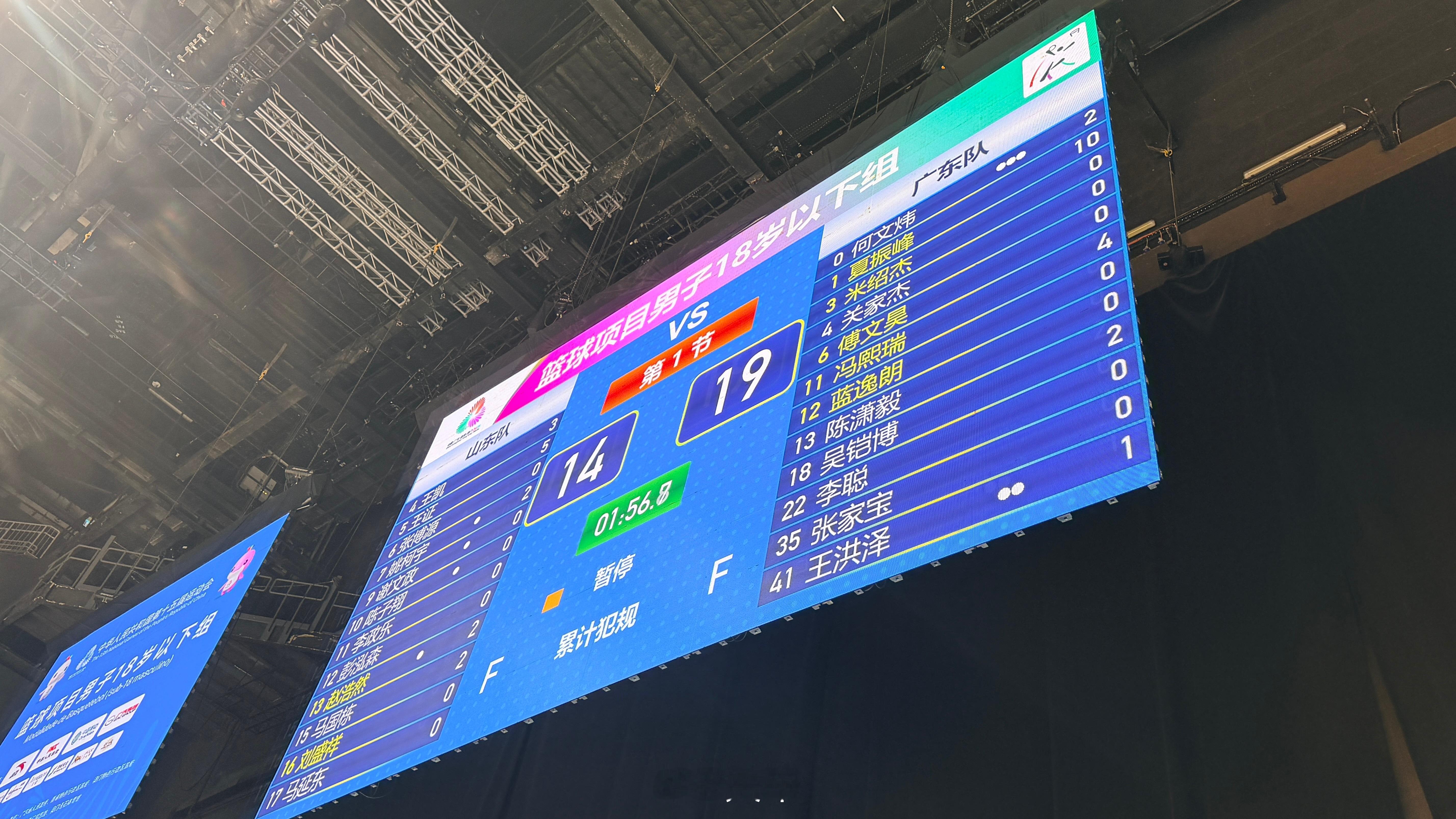 第一节结束，广东19:14山东，小夏单节10分，可是文炜三犯了。 