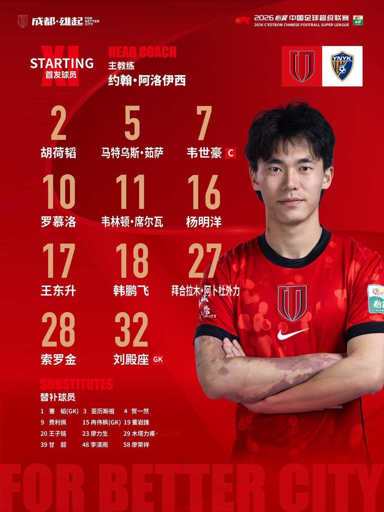 比赛首发名单出炉！成都，雄起！