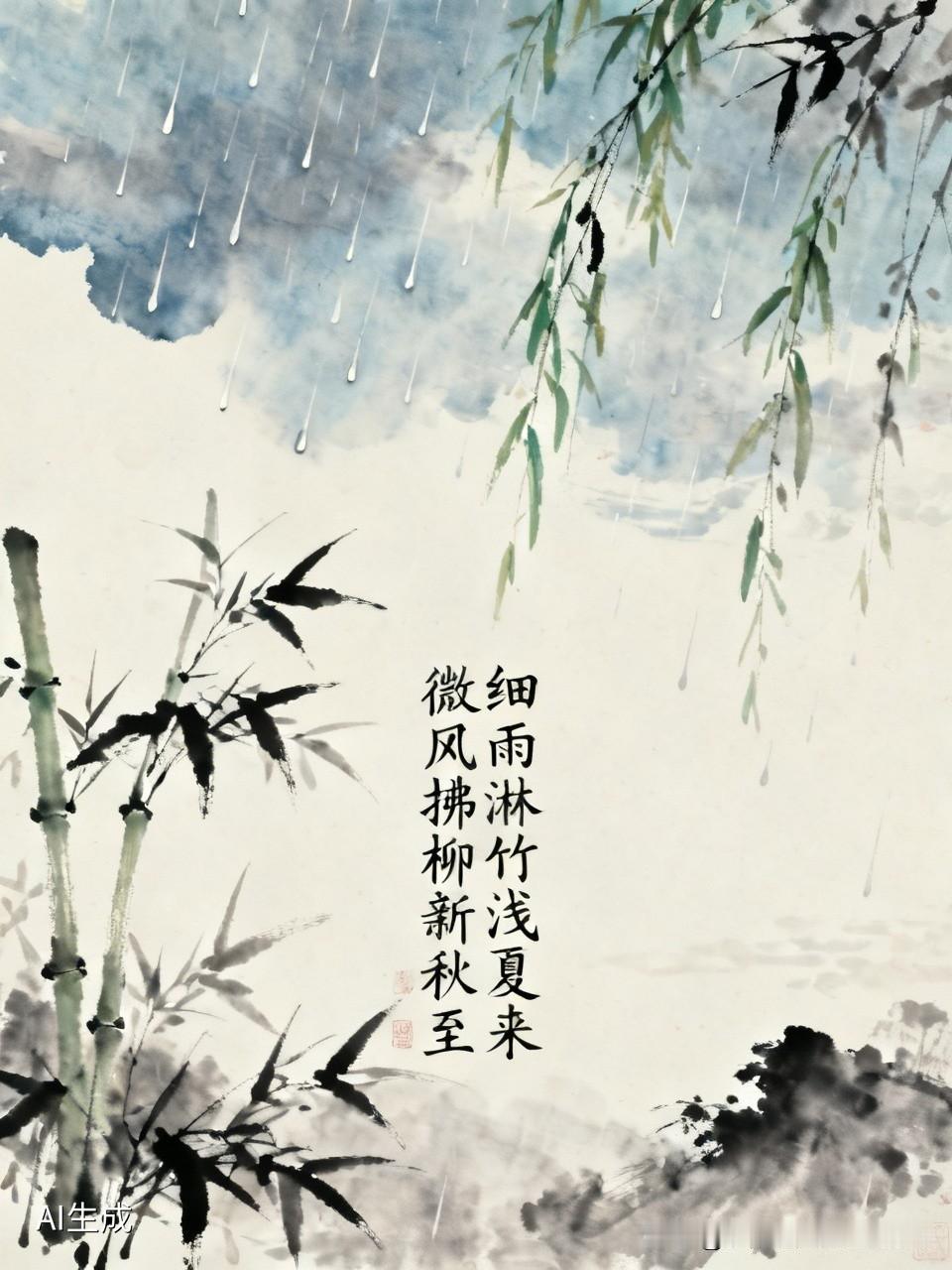 上联:细雨淋竹浅夏来
下联:微风拂柳新秋至