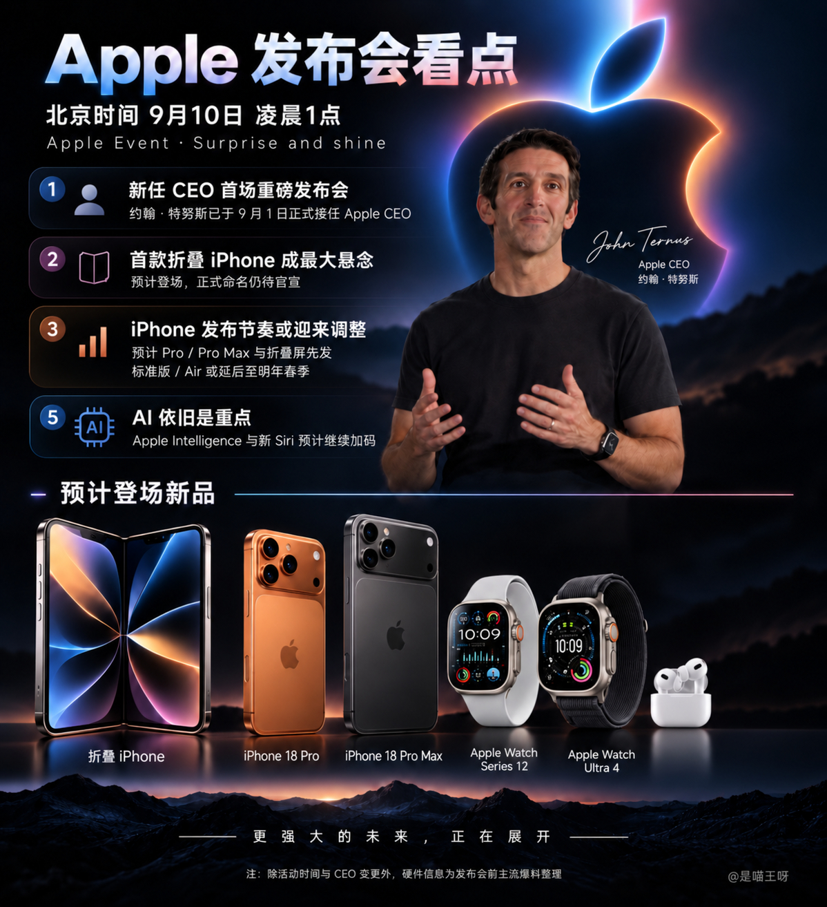 iPhone18Pro发布会倒计时今晚就是就是苹果秋季的新品发布会了，大家熬夜蹲