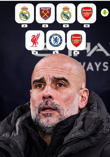 曼城接下来的七场比赛，瓜迪奥拉一看赛程估计头发能被彻底薅秃....
接下来的7场