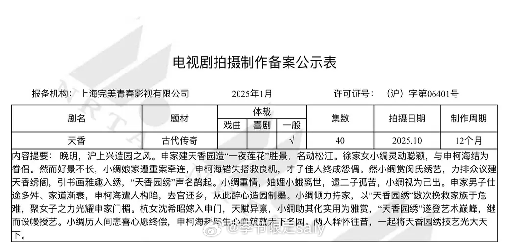 🍉郭珍霓要复出了➕李晟🥭大女主经商剧《天香》年后开机 