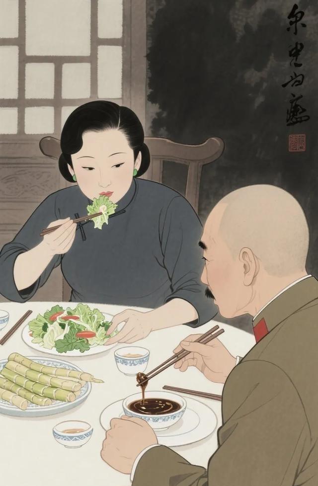 蒋介石看到宋美龄吃生菜沙拉，说道：“你是前世羊投胎的吗？这么爱吃草？”宋美龄回击
