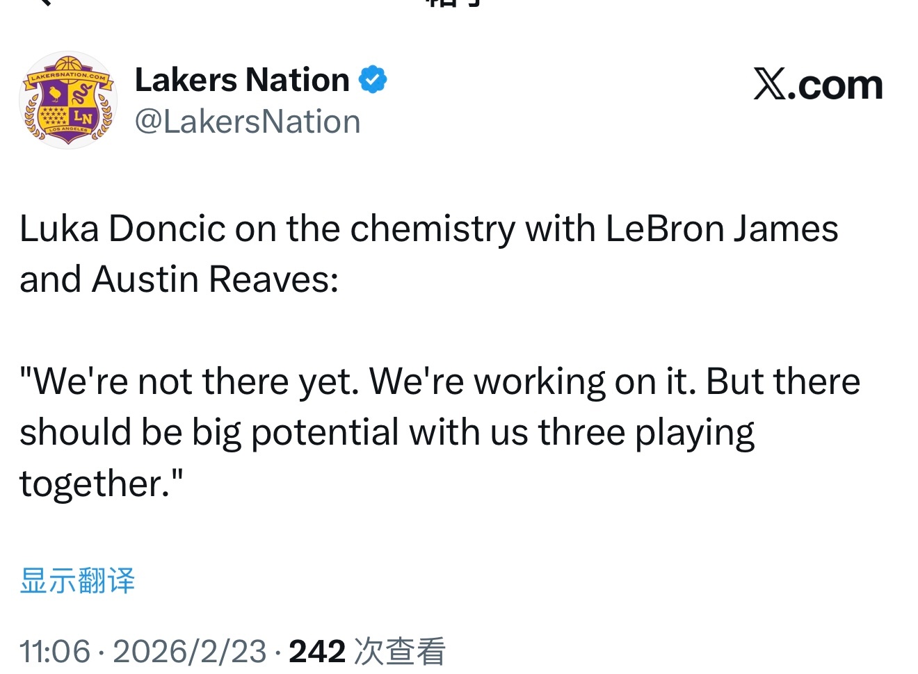 东契奇谈到与詹姆斯和里夫斯的化学反应：“我们的默契还没完全建立，但正在努力磨合。