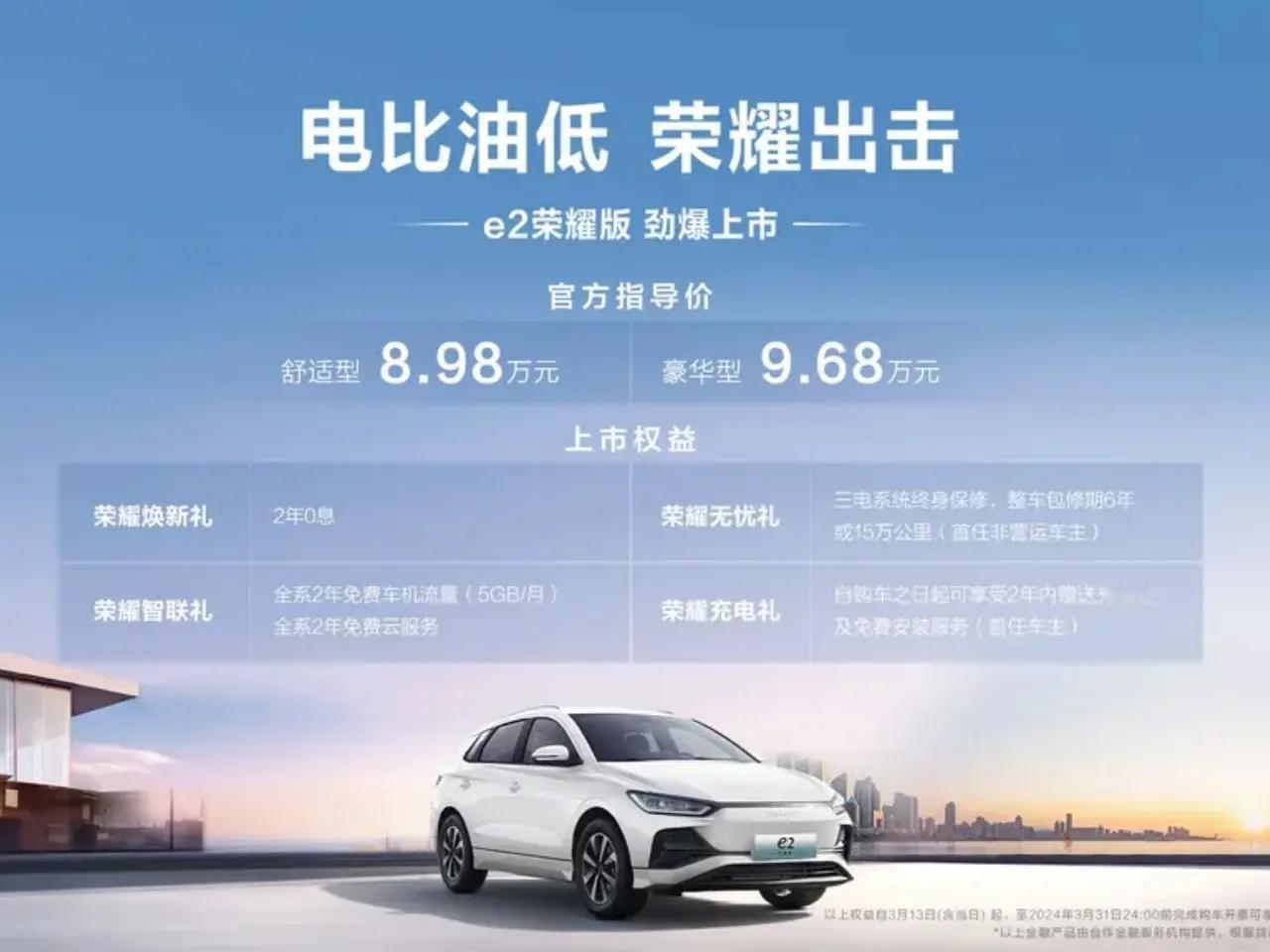 比亚迪e2荣耀版上市，推出两款配置，价格8.98万至9.68万。在配置方面，e2