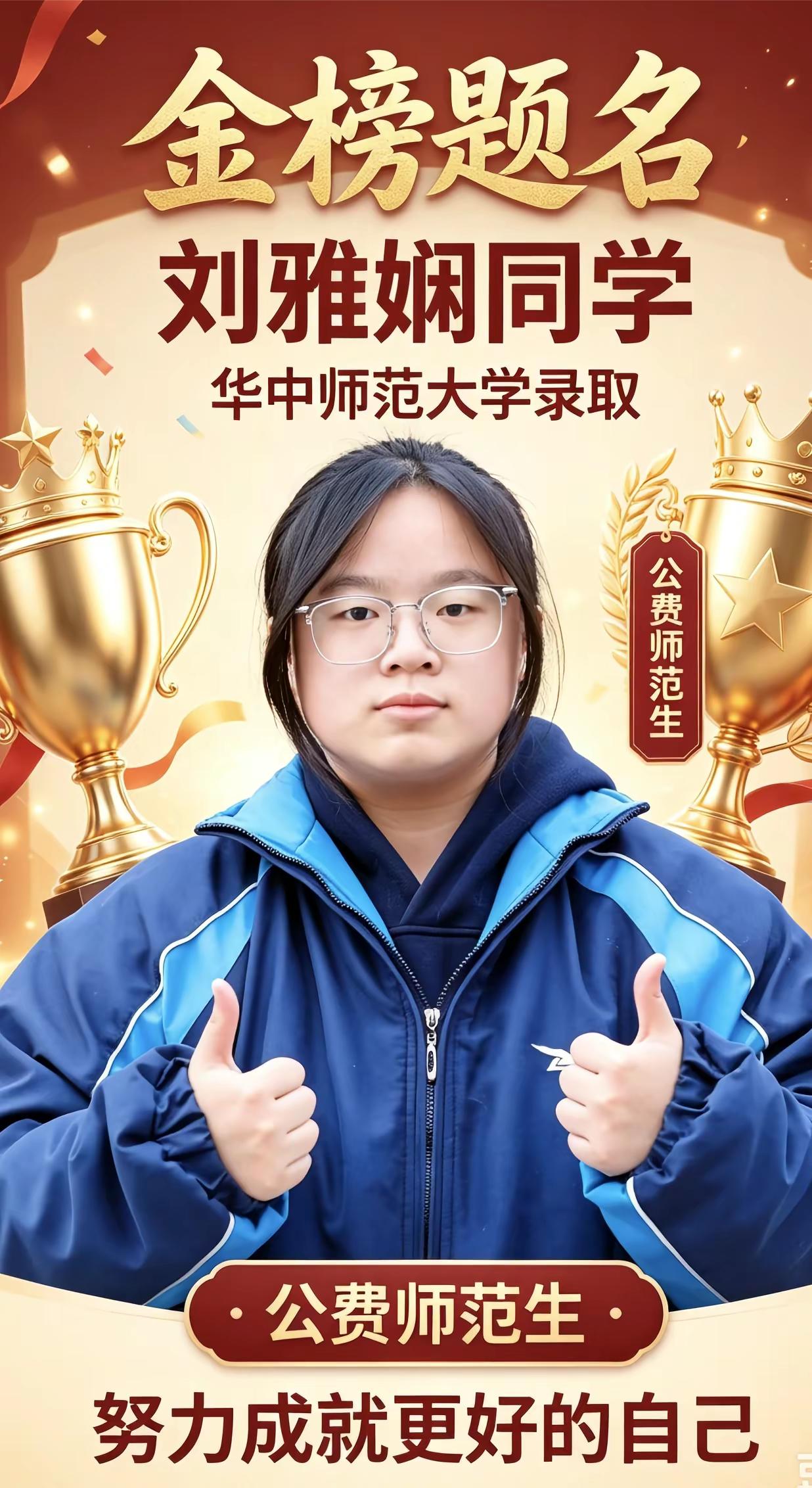 恭喜刘雅娴被华中师范大学录取为公费师范生铜仁雅礼公费师范生华中师范大学 高考录取