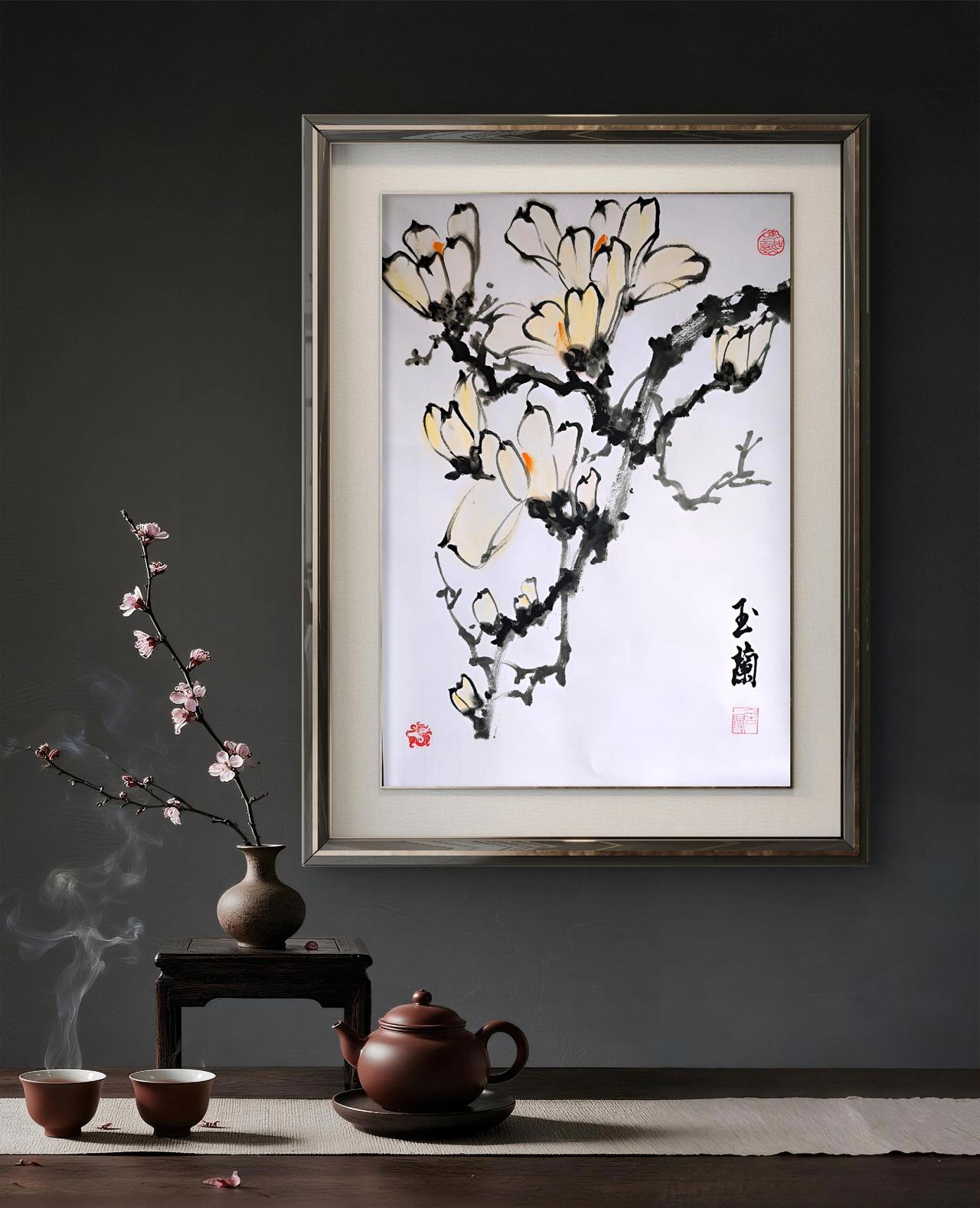 国画 玉兰 柿子