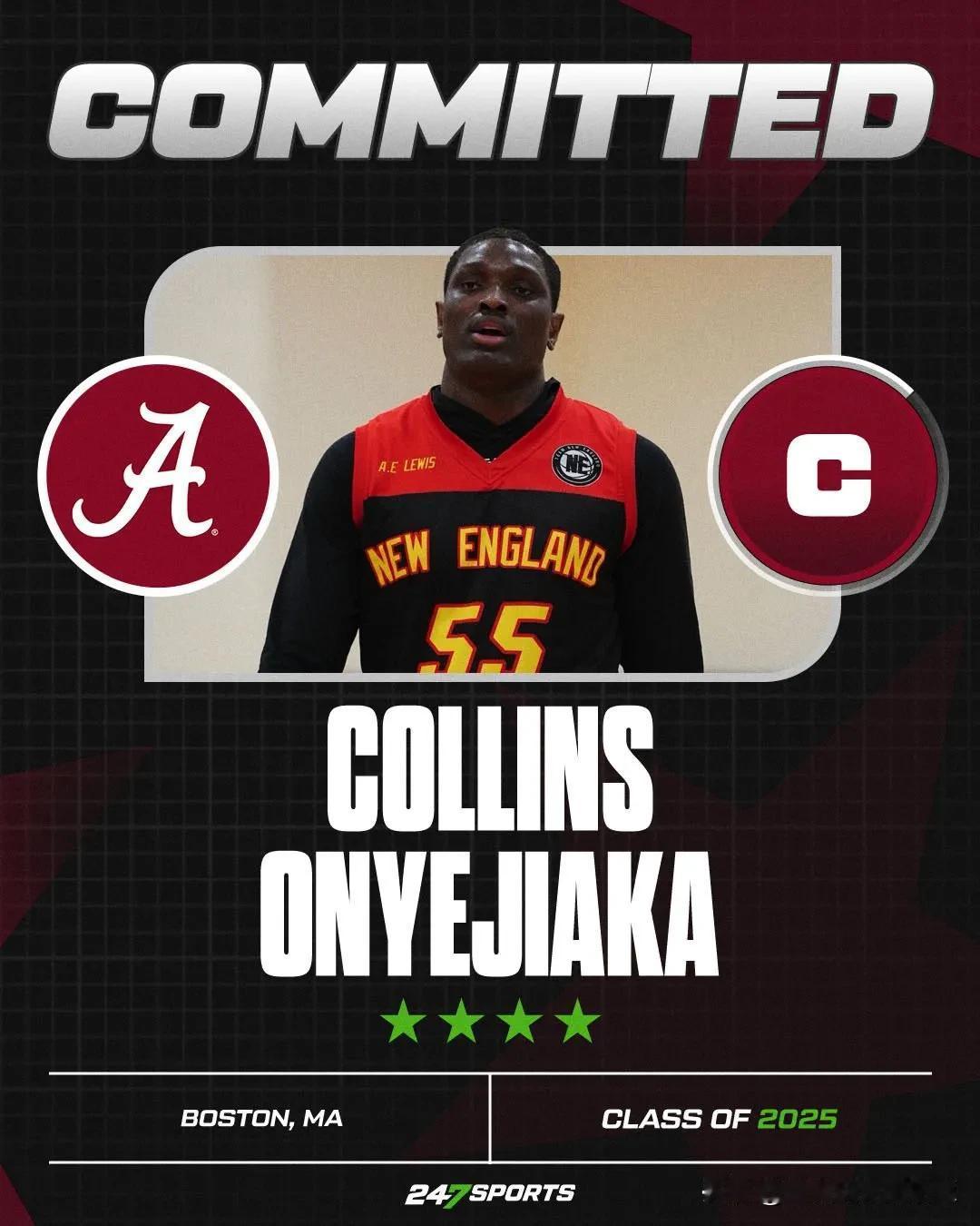 TOP100四星内线Collins Onyejiaka宣布承诺NCAA男篮 阿拉