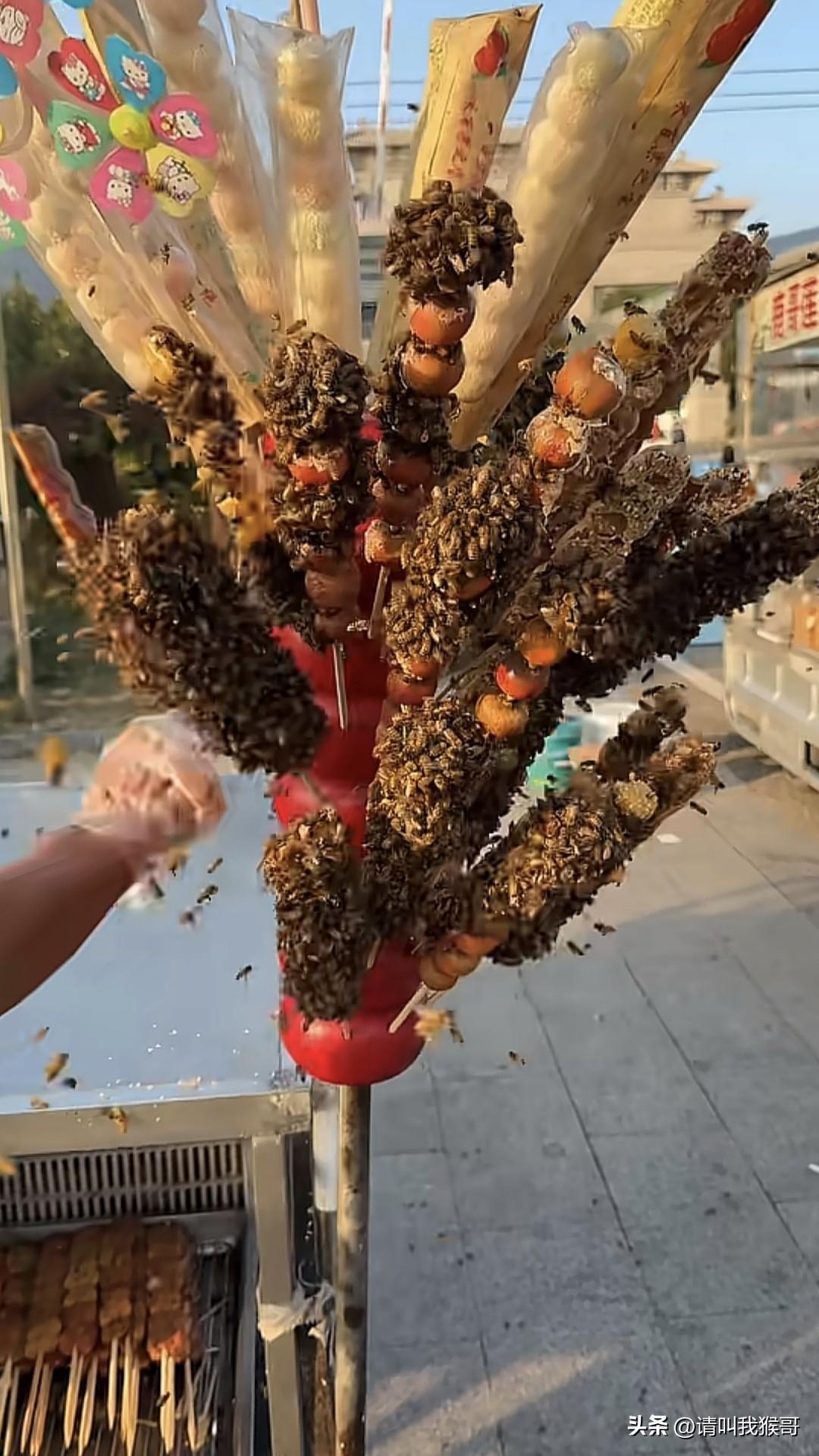 平时你看到这种糖葫芦上围满蜜蜂是不是很好奇？有位做过这行的网友介绍说，这种卖糖葫
