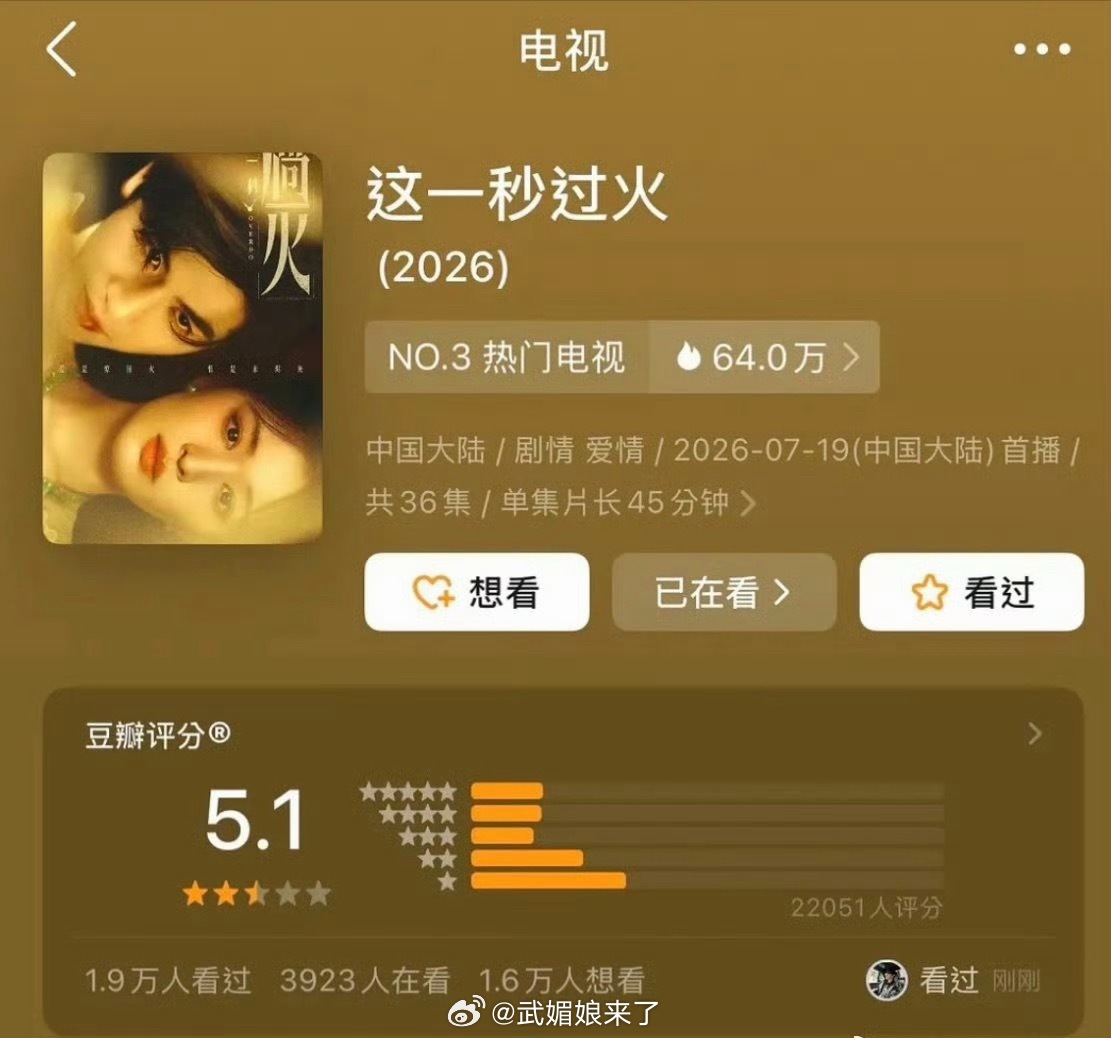 《这一秒过火》豆瓣开分5.1，这部剧真是被第一集害惨了，值得更高分 