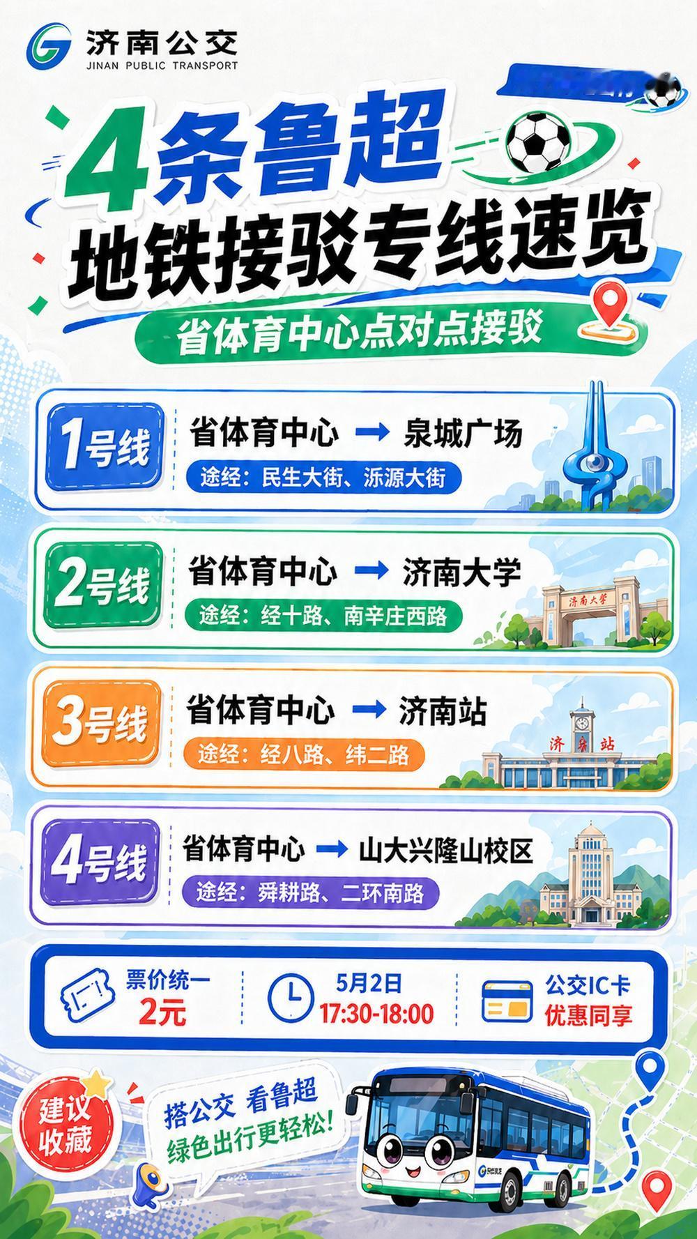 绿茵燃情，公交护航！5月2日，山东省体育中心体育场将迎来齐鲁超赛焦点对决，济南队