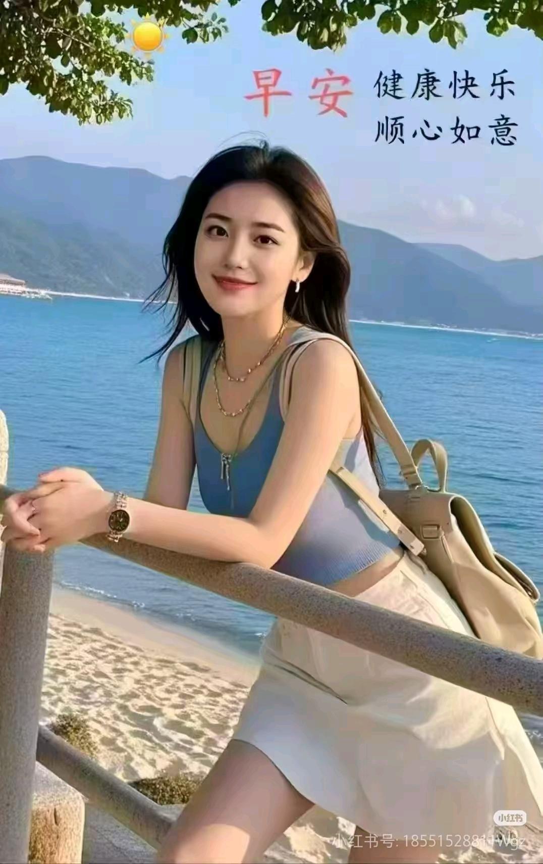 海滨晨韵
晴晖漫染海天遥，翠叶垂荫映旭朝。
丽影凭栏观浩浪，轻衫浅笑浴晨韶。
风