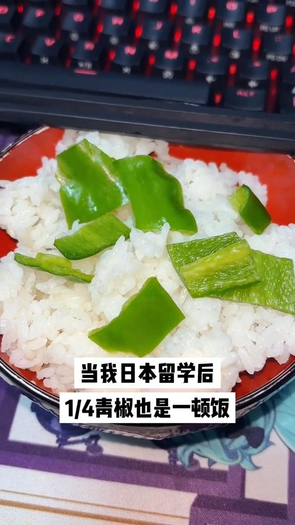 扒拉了一口米饭，小心翼翼的夹起一片青椒。用牙齿轻轻的咬下三分之一，让青椒和米饭在