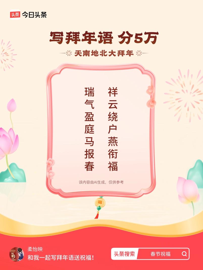 写拜年语送祝福新春拜年送祝福！我的祝福是：“瑞气盈庭马报春，祥云绕户燕衔福”！快