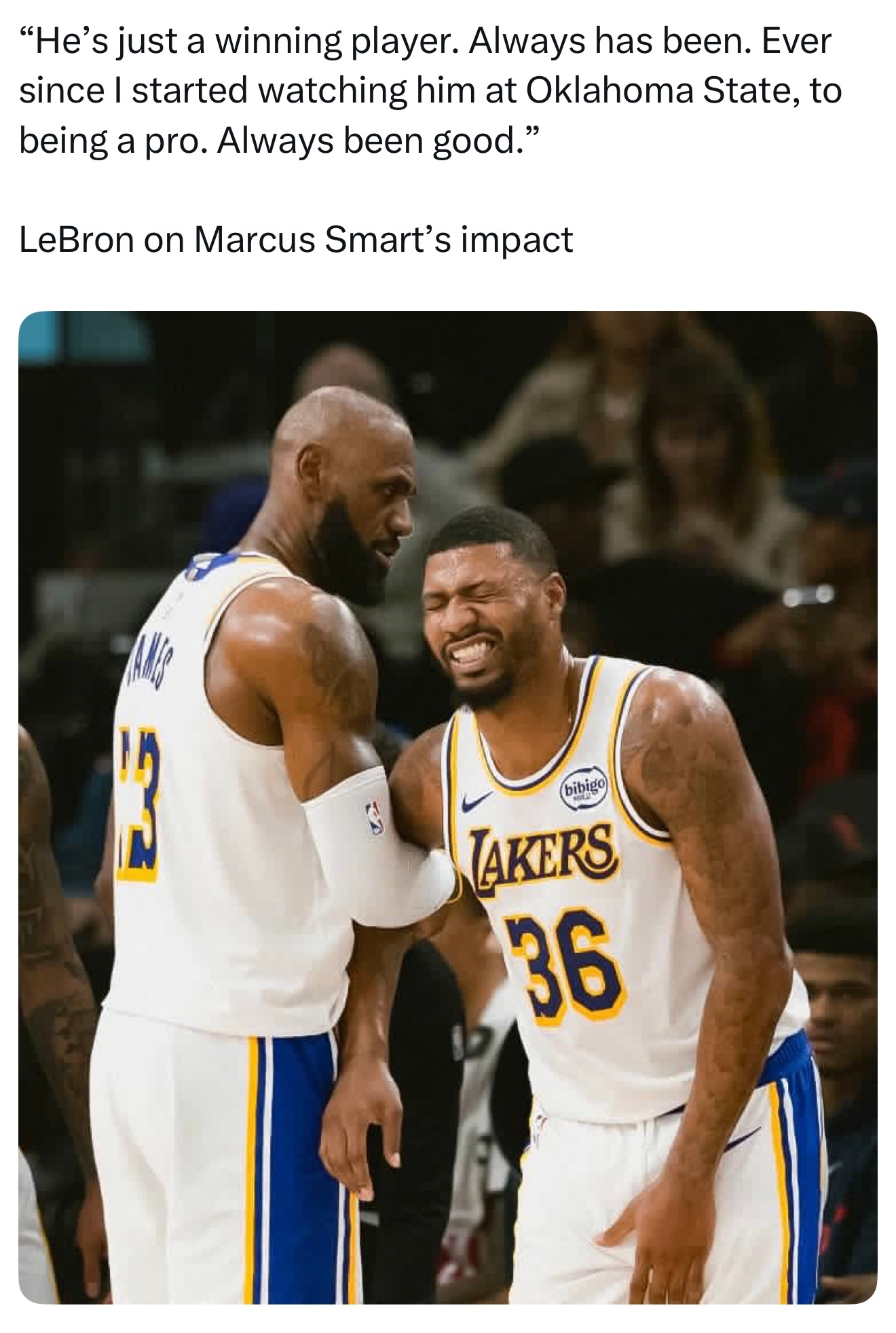 詹姆斯谈斯玛特的影响力：“他就是个赢家，一直都是。从我在俄克拉荷马州立大学开始关