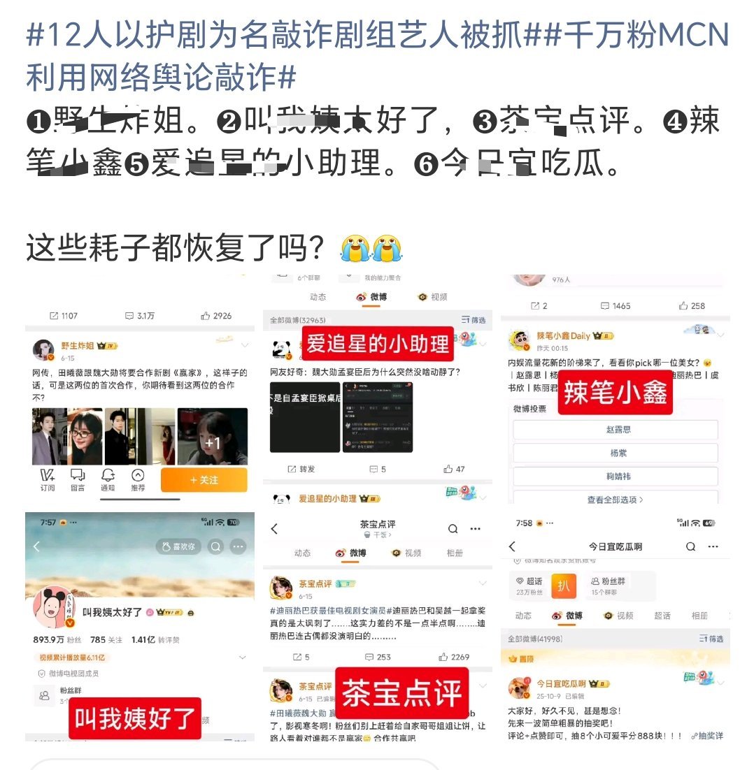12人以护剧为名敲诈剧组艺人被抓大快人心啊，基本上都是被我拉潶的。让它们多蹲几年