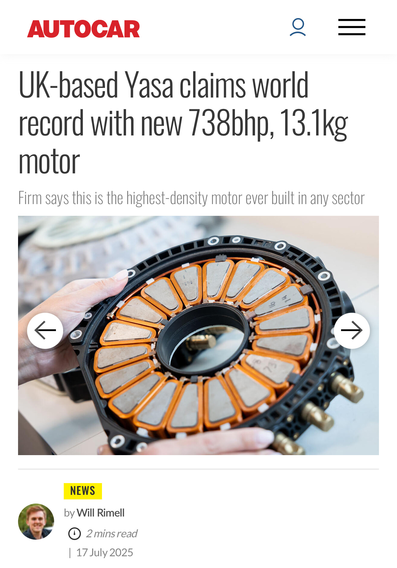 13.1公斤的重量，748.24PS（738BHP、550kW）奔驰的电机公司Y