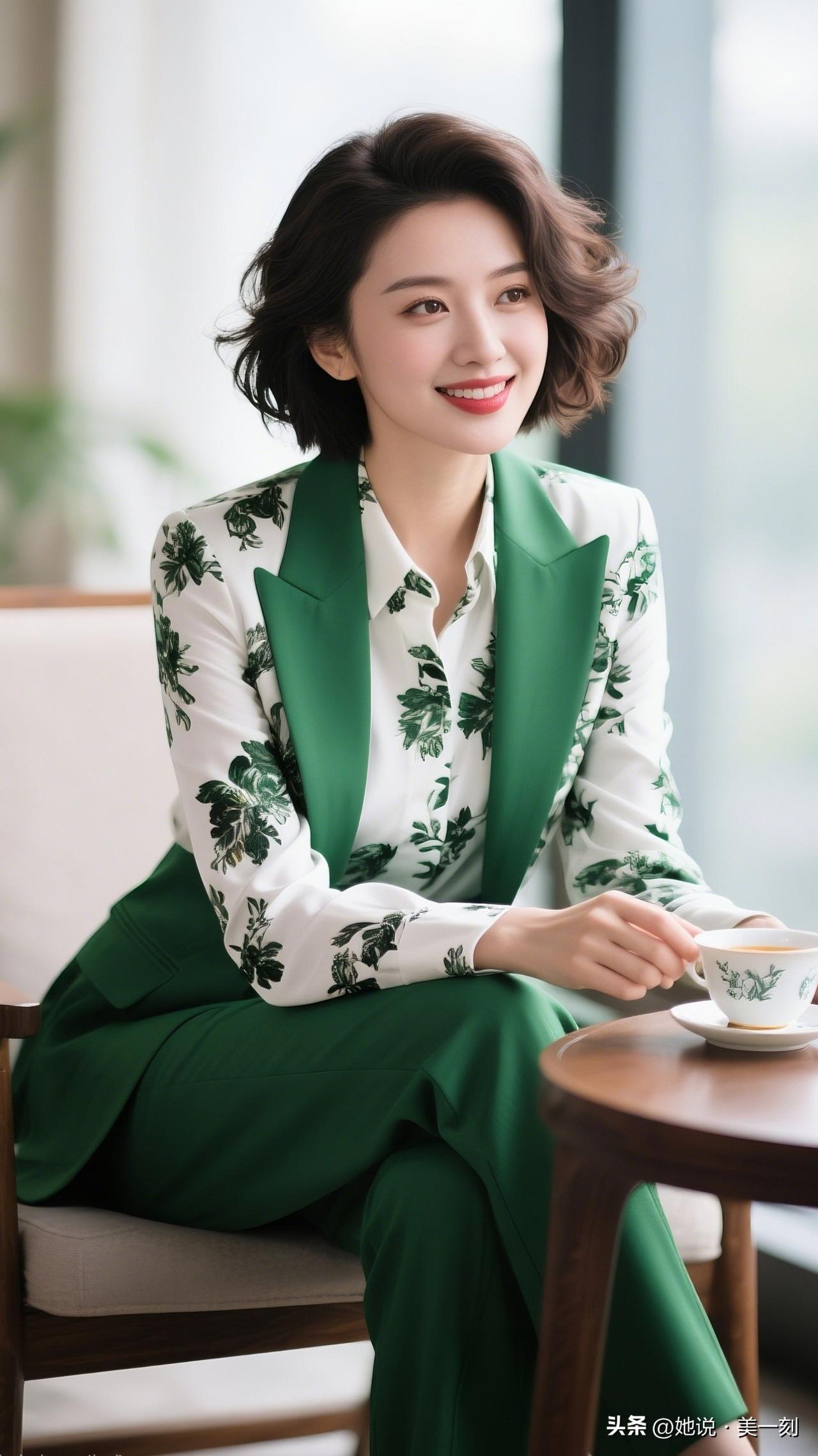 优雅绿意穿搭，咖啡时光的温柔微笑。美女究竟能有多美